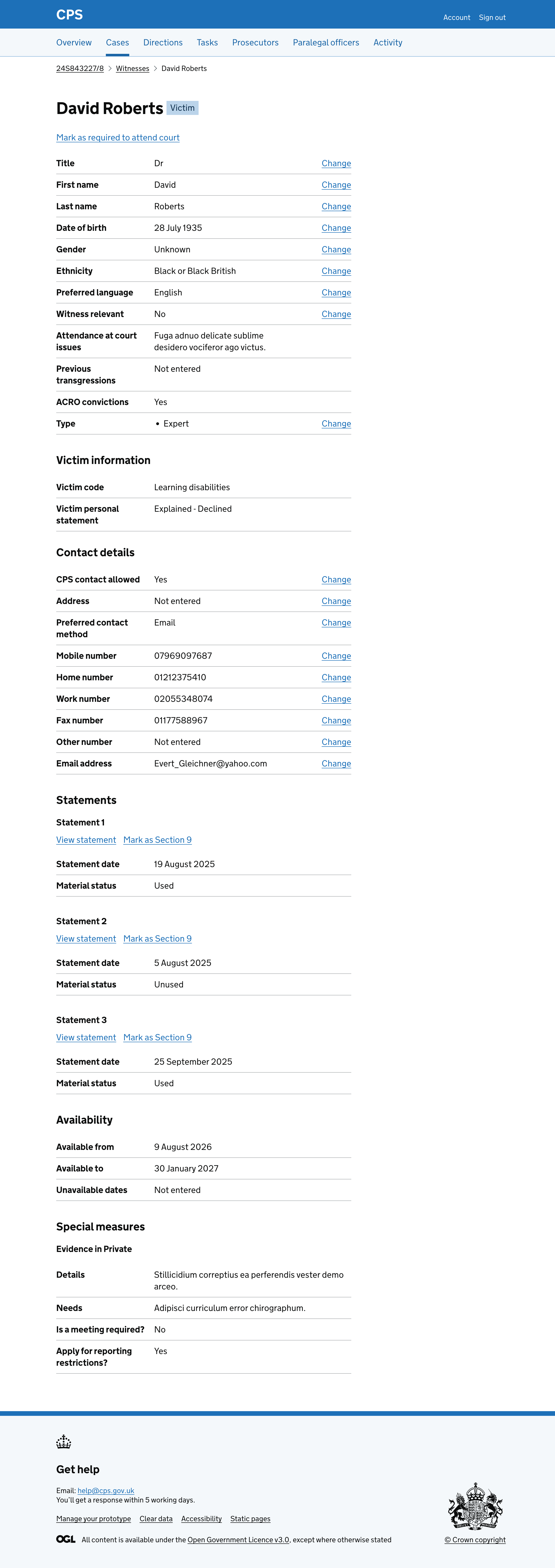 The witness details page for David Roberts, a victim with DCF data. The page shows personal details, victim information, contact details, statements, availability and special measures.