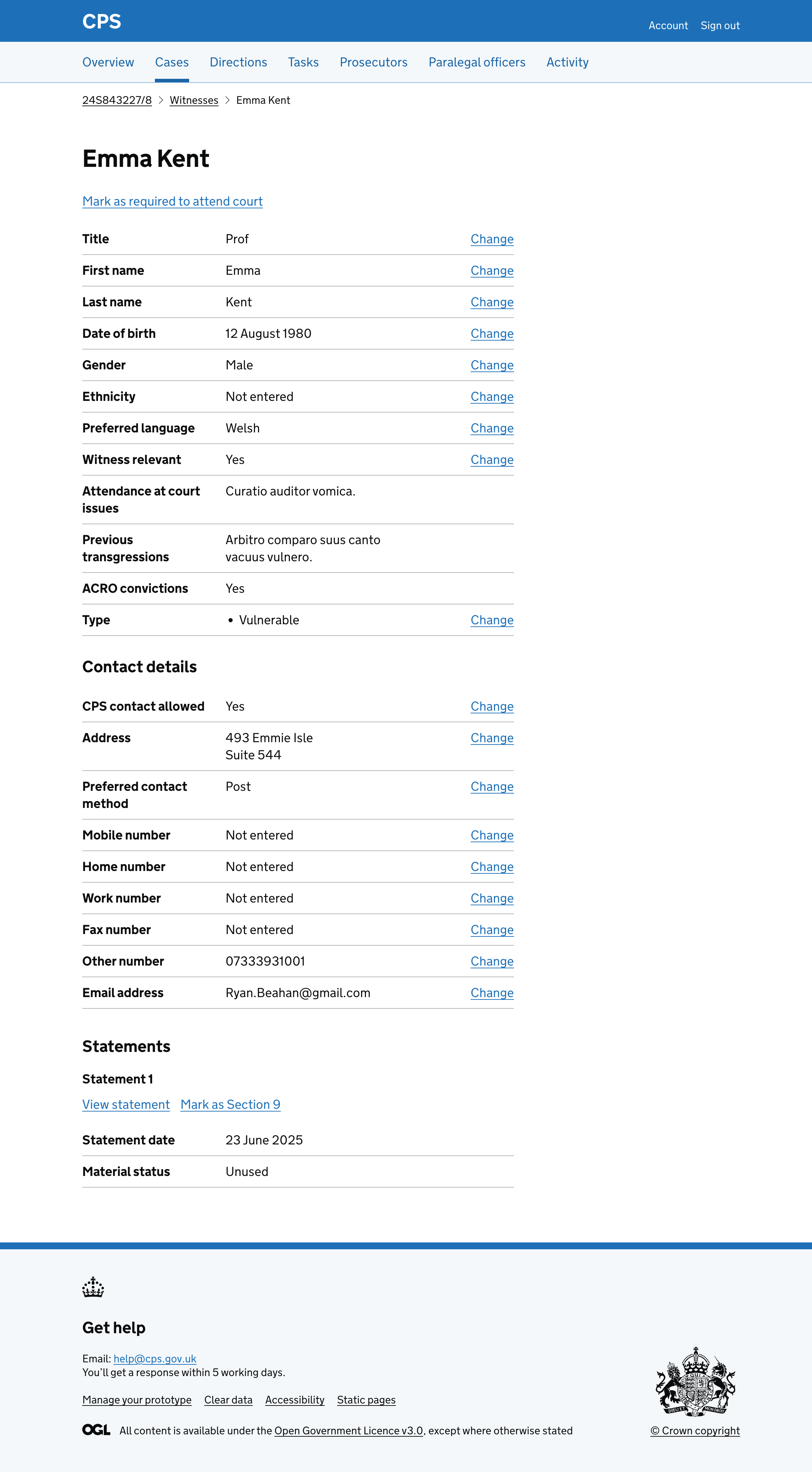 The witness details page for Emma Kent, a non-victim witness without DCF data. The page shows personal details, contact details and statements only.