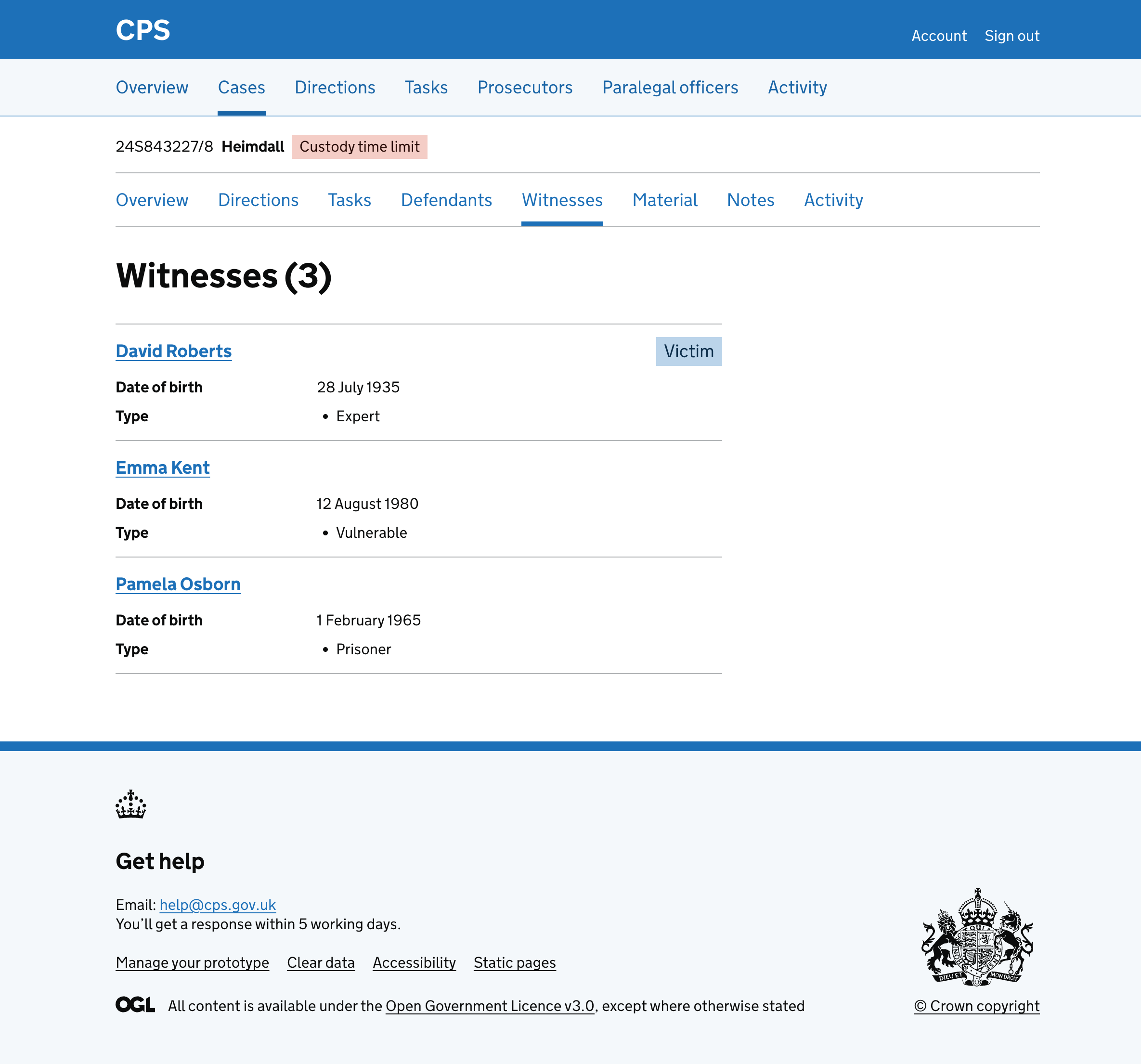 The witness list showing 3 witnesses in a simple list. Each witness has their name as a link, date of birth, type and relevant tags. David Roberts has a "Victim" tag.