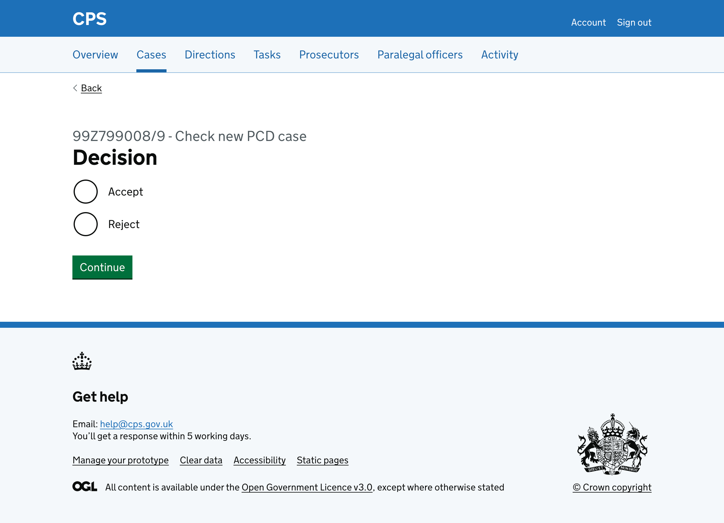Initial decision page with Accept and Reject radio buttons