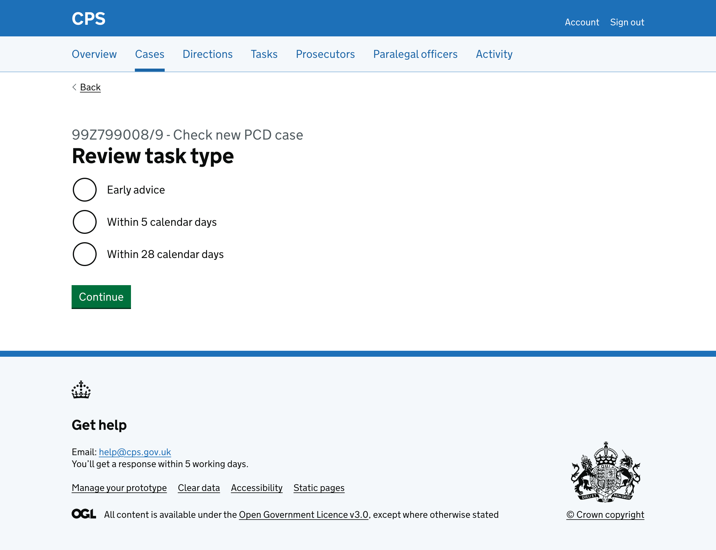 Review task type page with three options: Early advice, Within 5 calendar days, Within 28 calendar days