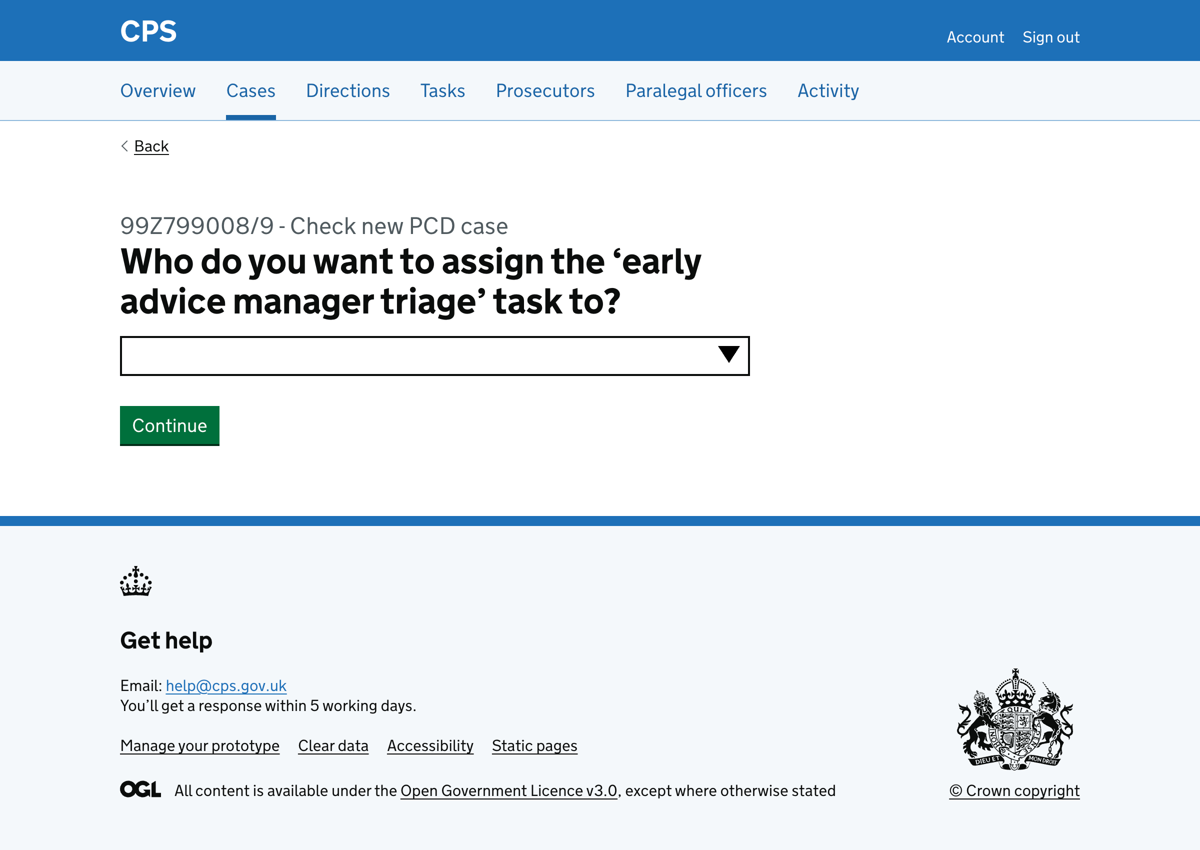 Task owner page with autocomplete field asking who to assign the early advice manager triage task to
