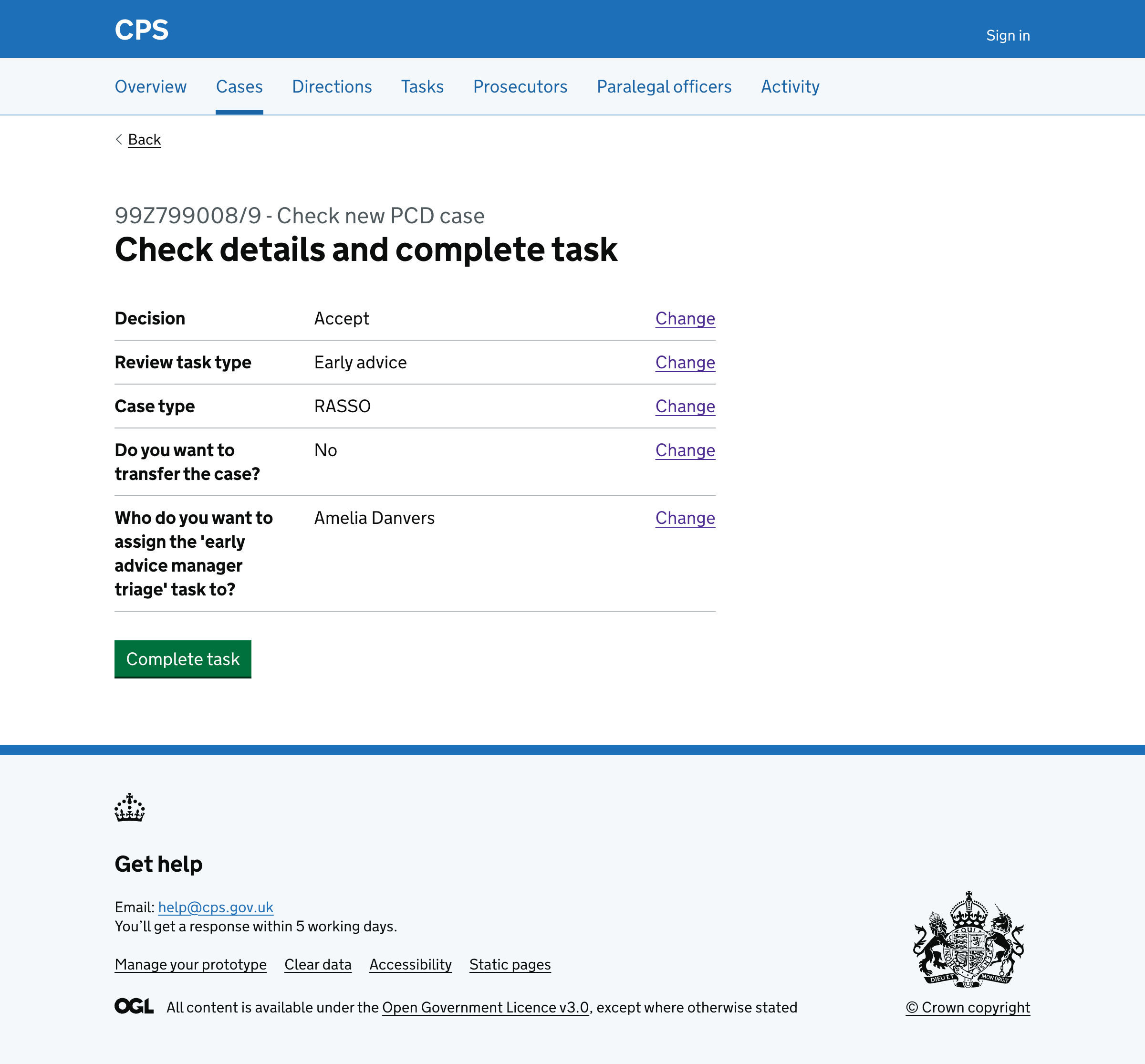 Check answers page showing: Decision (Accept), Review task type (Early advice), Case type (RASSO), Transfer case (No), Task owner selection