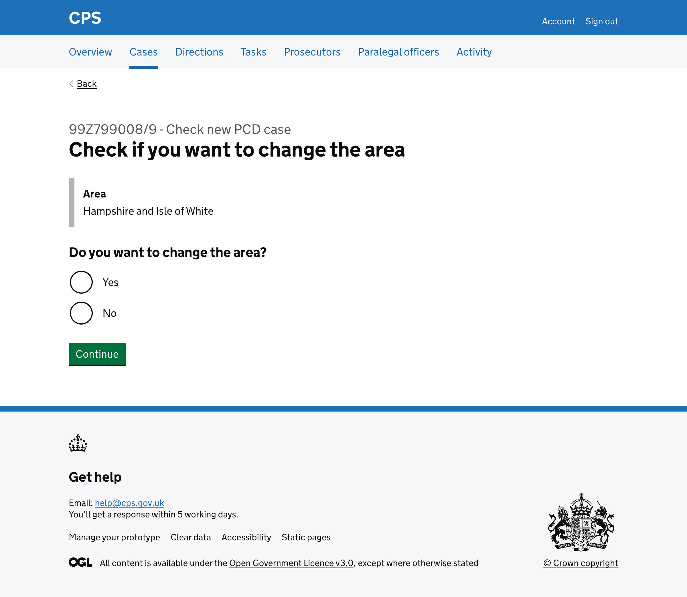 Area page asking if they want to change the area, with current area shown
