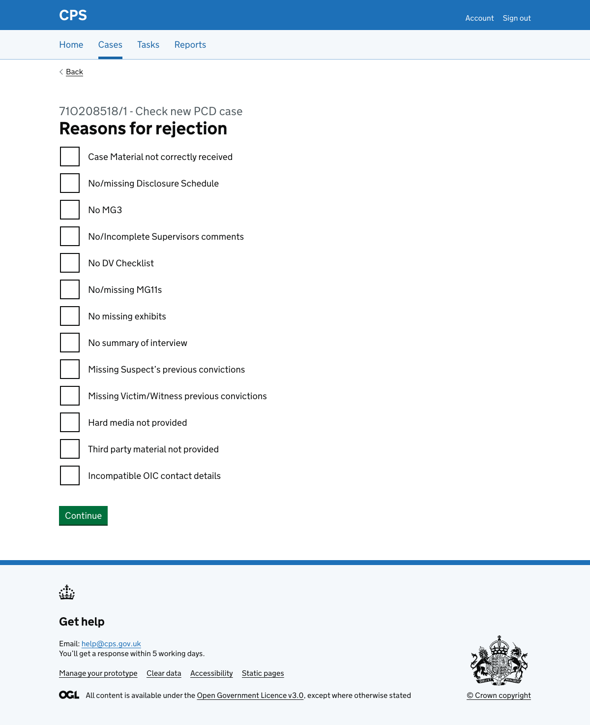 Reasons for rejection page with multiple checkbox options