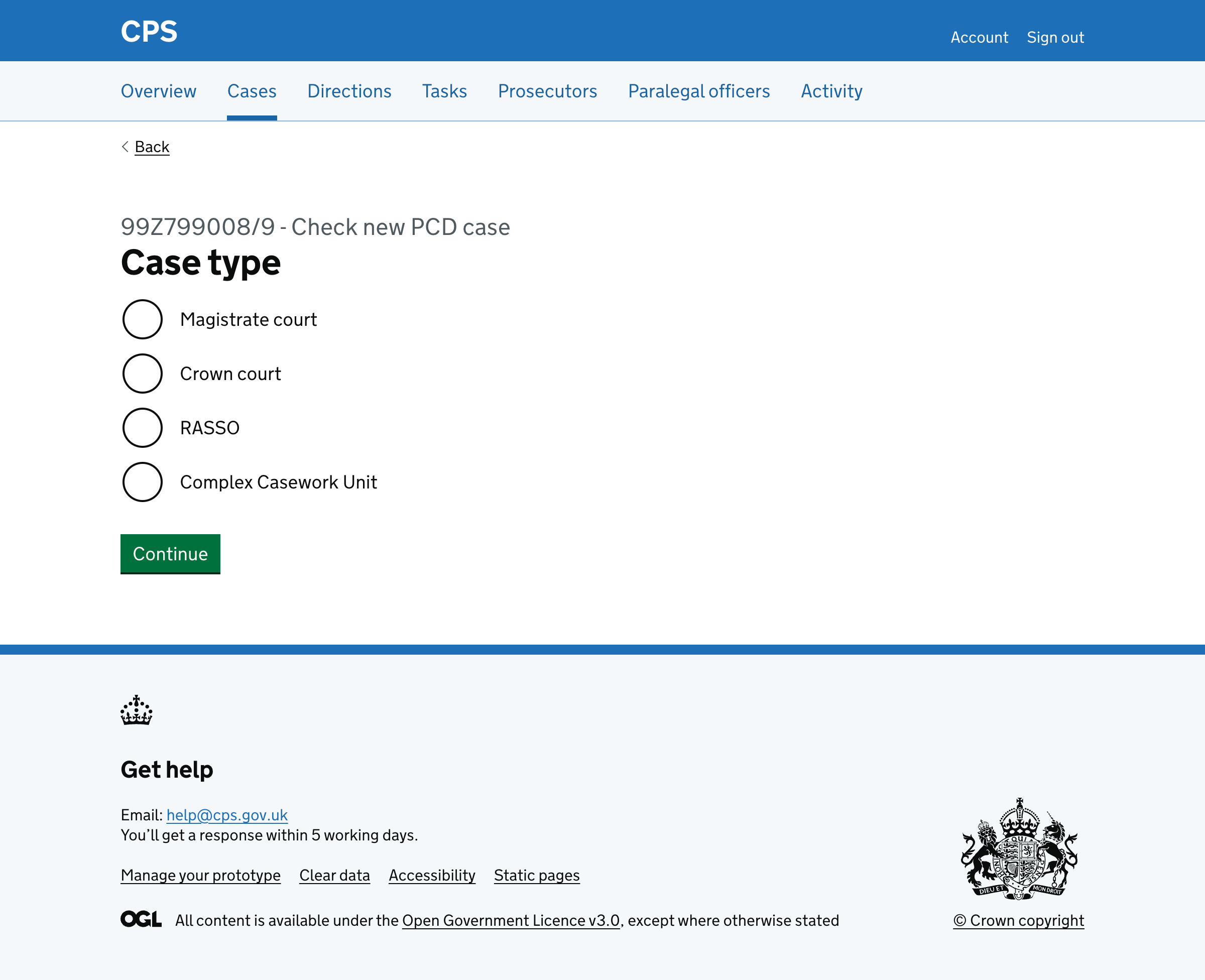 Case type page in reject flow