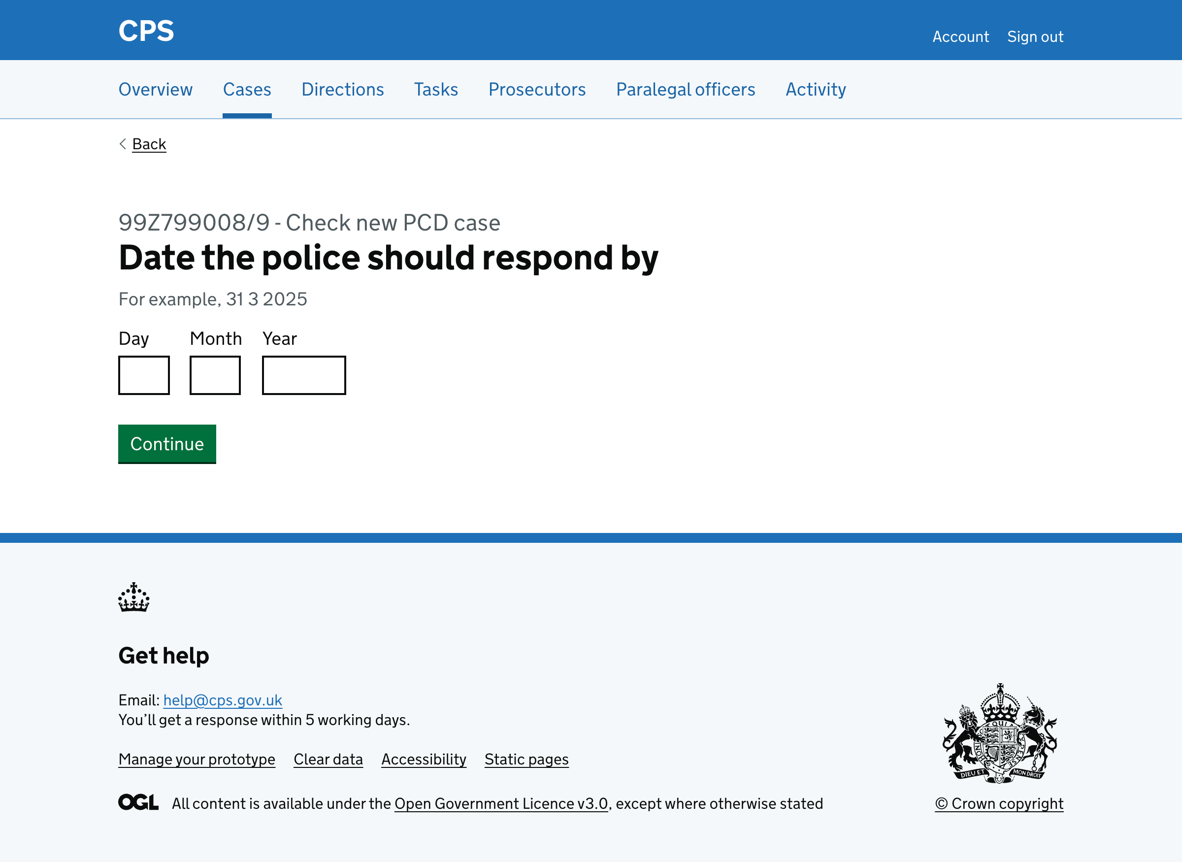 Police response date page with day, month, year inputs
