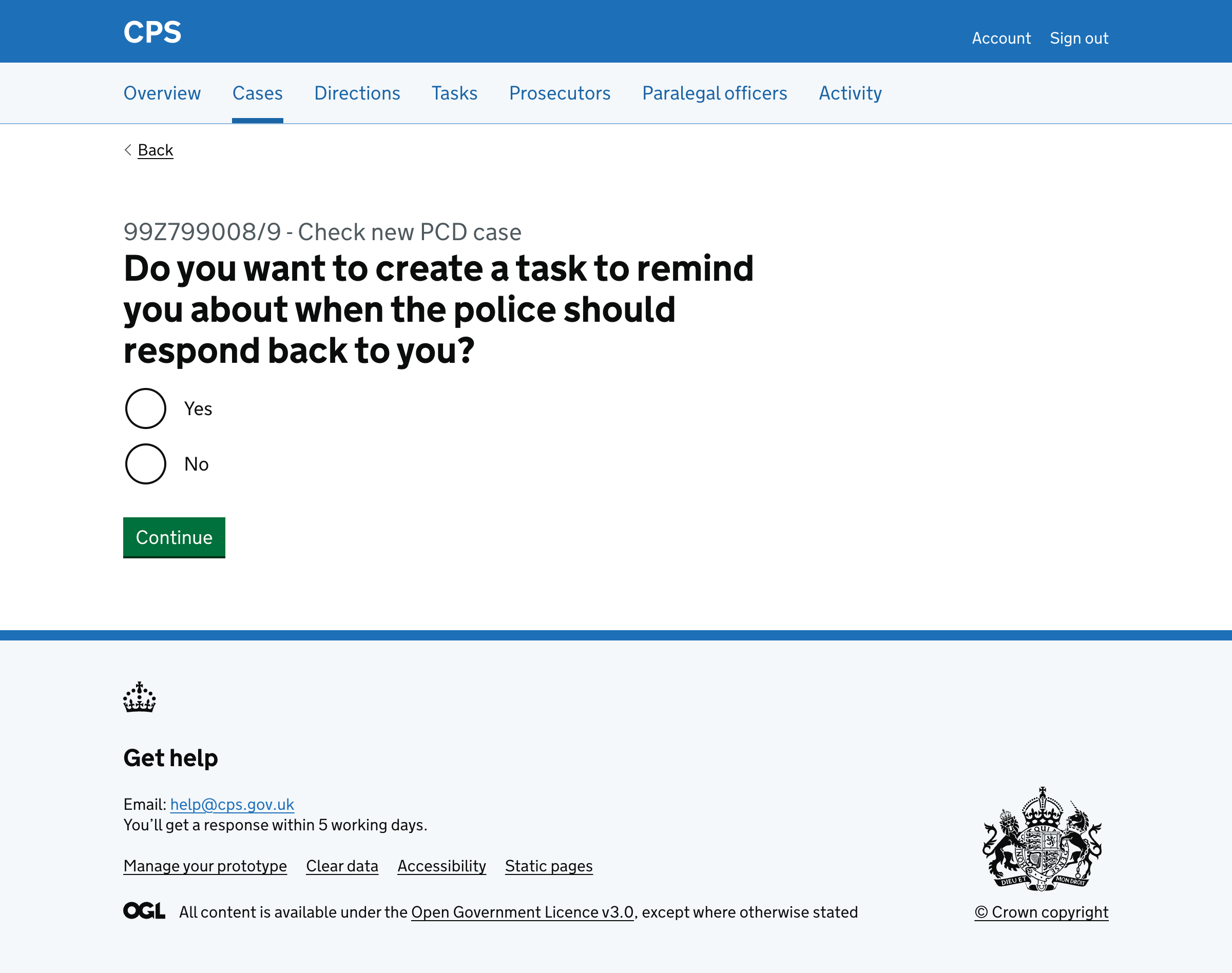 Create reminder task page with Yes/No radio buttons