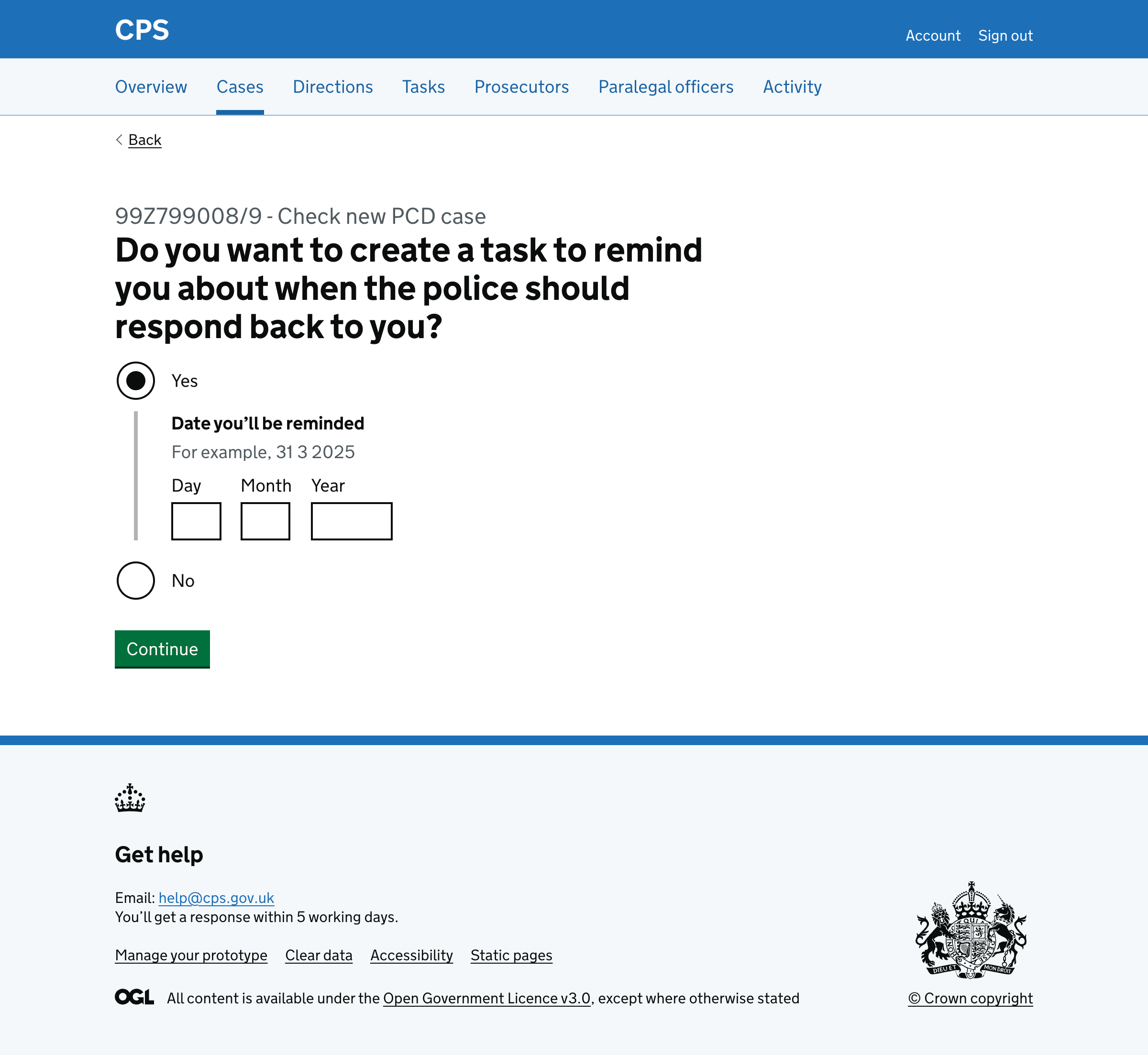 Reminder date input revealed after selecting Yes