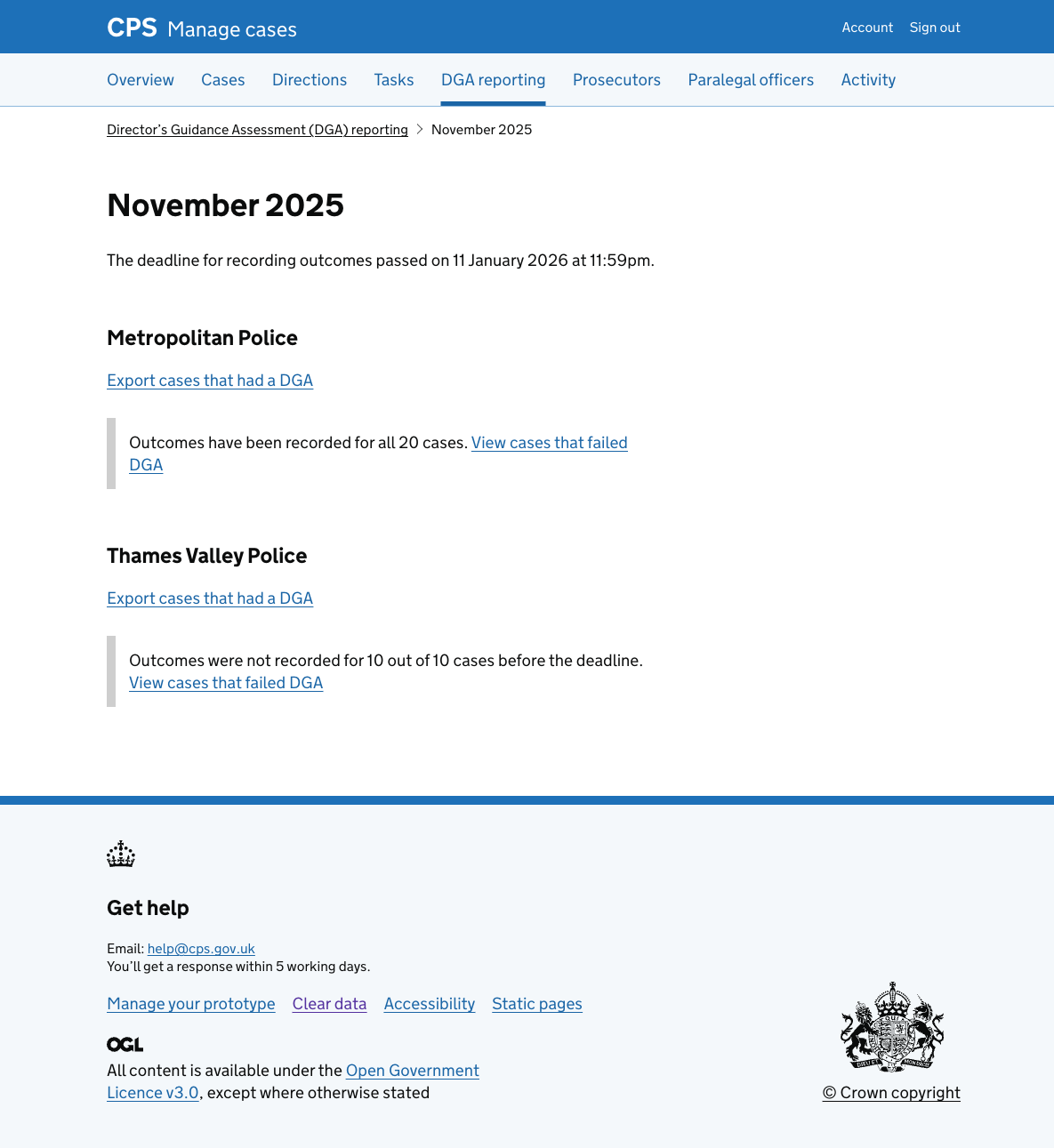 The November 2025 month view. The deadline passed message reads: "The deadline for recording outcomes passed on 11 January 2026 at 11:59pm." Metropolitan Police shows an inset: "Outcomes have been recorded for all 20 cases. View cases that failed DGA." Thames Valley Police shows an inset: "Outcomes were not recorded for 10 out of 10 cases before the deadline. View cases that failed DGA."