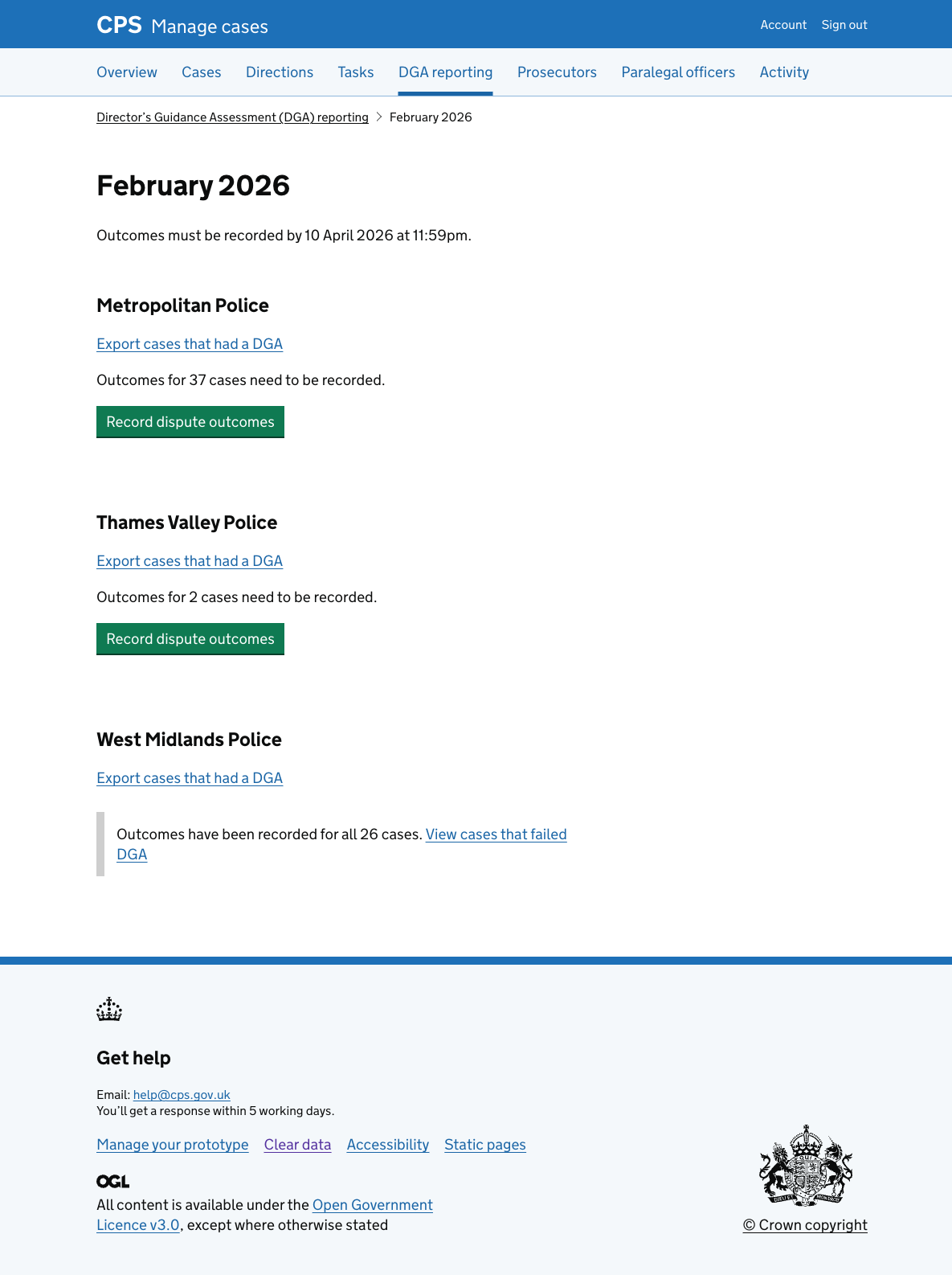 The February 2026 month view. The deadline is shown at the top: "Outcomes must be recorded by 10 April 2026 at 11:59pm." Metropolitan Police shows 37 cases needing outcomes with a "Record dispute outcomes" button. Thames Valley Police shows 2 cases needing outcomes with a "Record dispute outcomes" button. West Midlands Police shows an inset: "Outcomes have been recorded for all 26 cases. View cases that failed DGA."