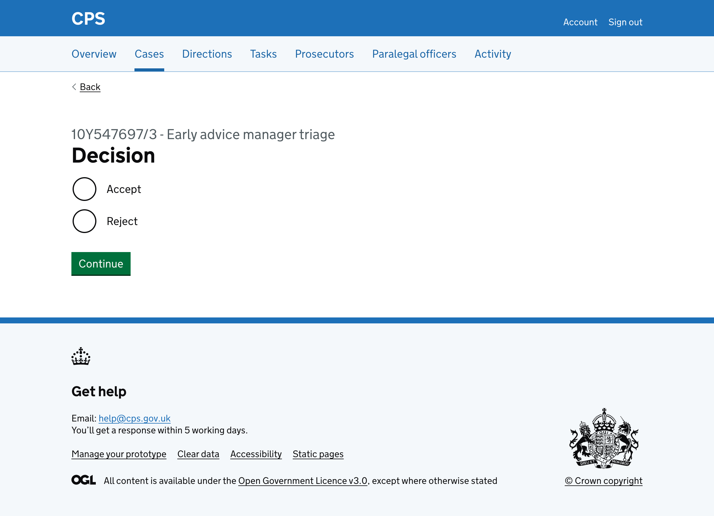 Decision page showing 'Accept' or 'Reject' radio buttons