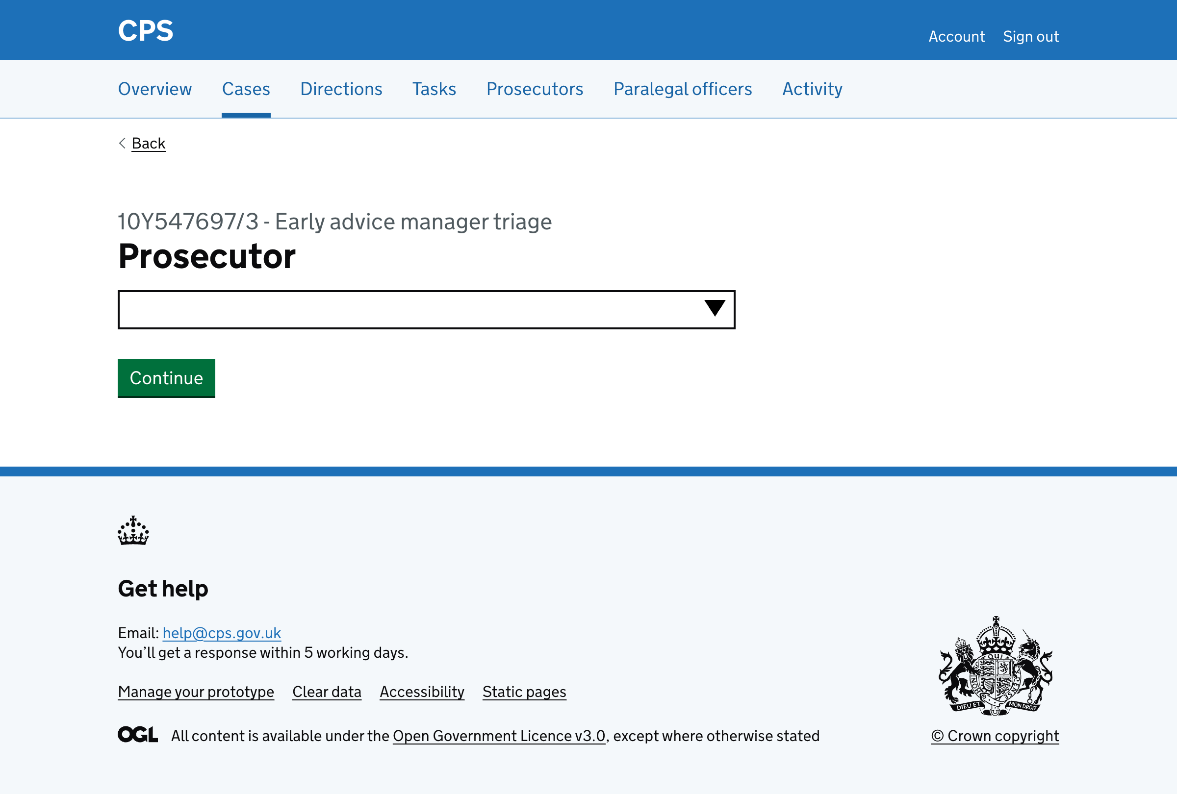 Prosecutor selection page with autocomplete field