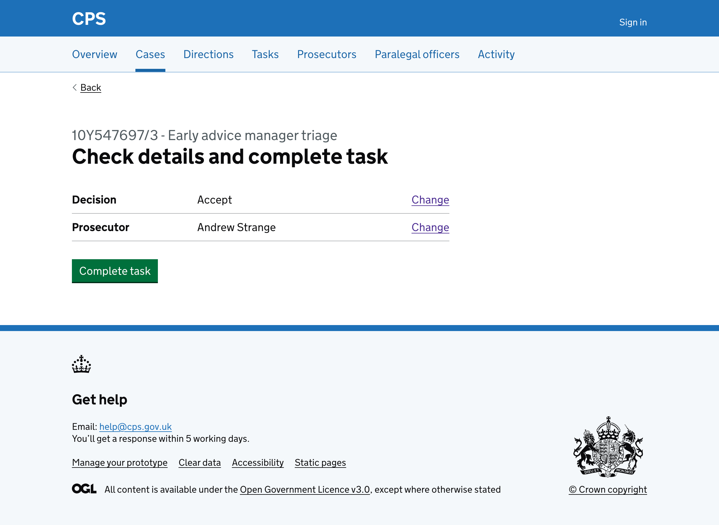Check answers page for accept path showing decision as 'Accept' and selected prosecutor