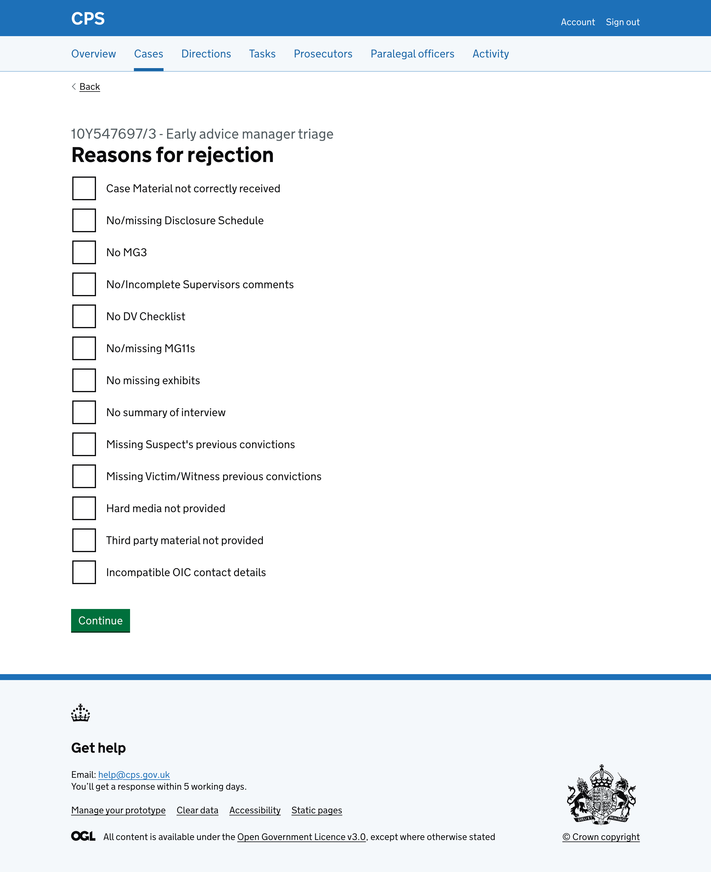 Reasons for rejection page showing 13 checkbox options