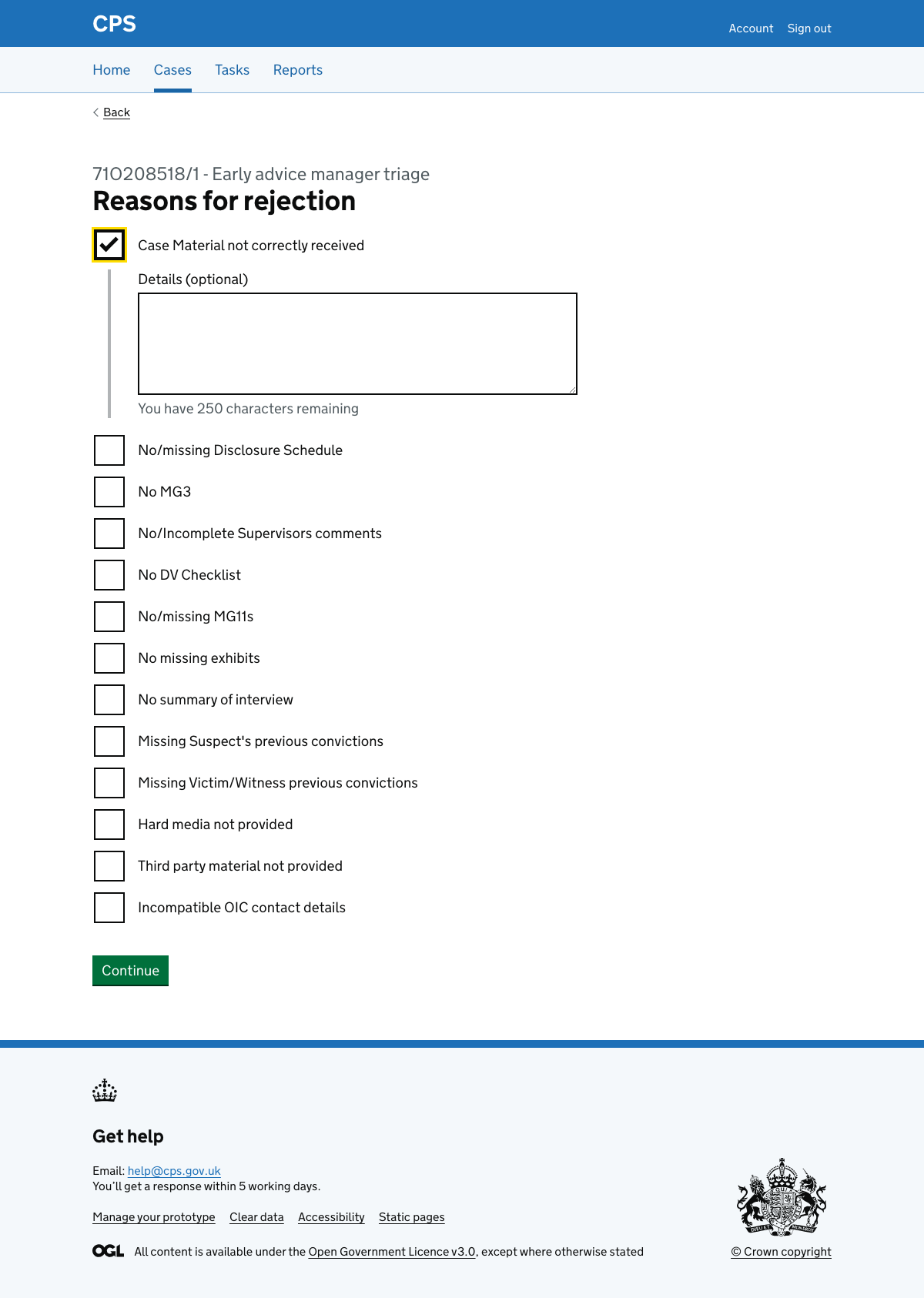 Reasons for rejection page with one checkbox selected and conditional details field revealed