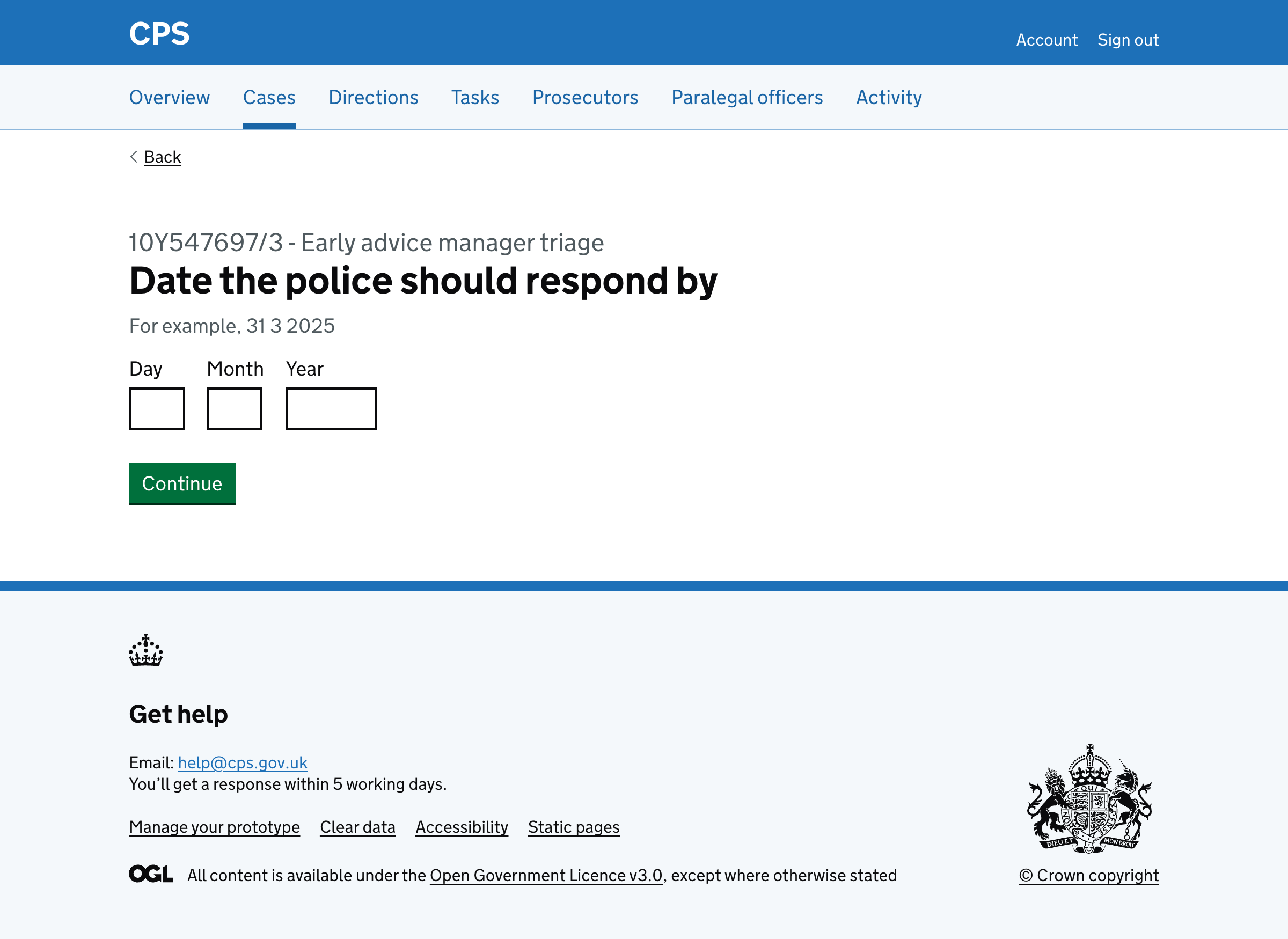 Police response date page with date input fields