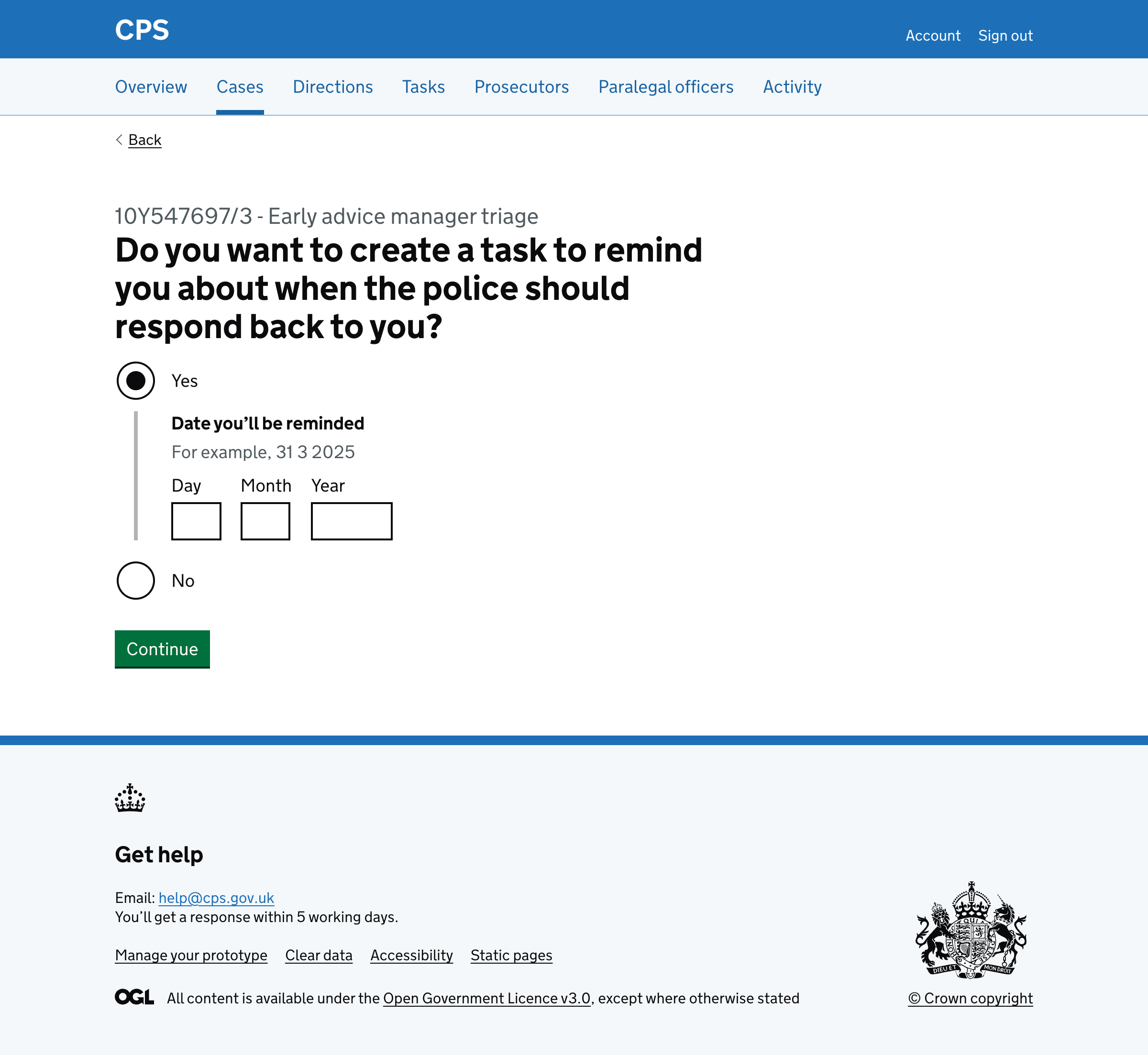Create reminder task page with 'Yes' selected and date input field revealed