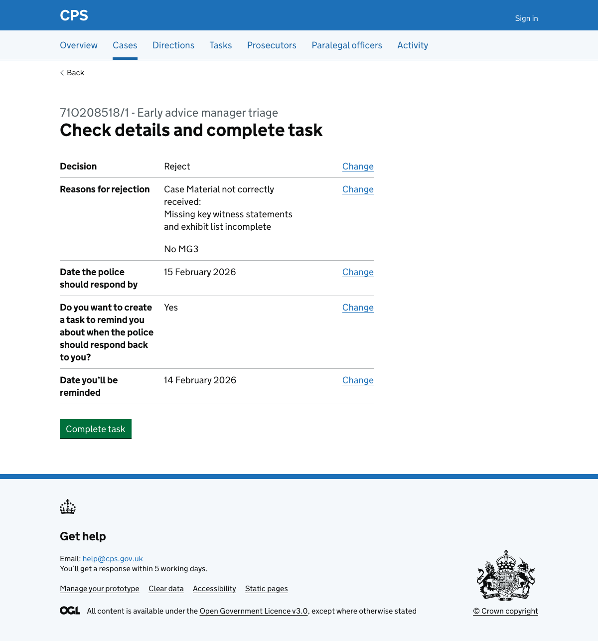 Check answers page for reject path showing decision, rejection reasons with details, police response date, and reminder task preference