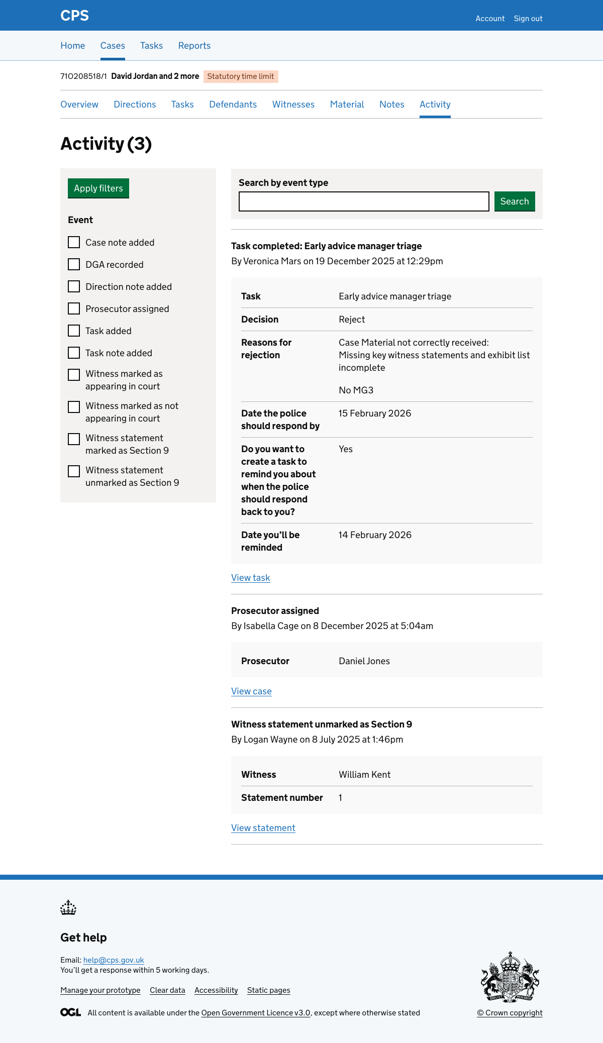 Activity log showing 'Task completed: Early advice manager triage' entry