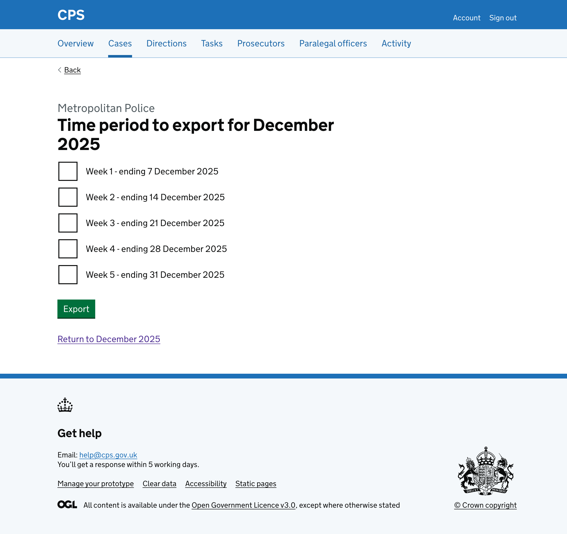 The export page for Metropolitan Police showing the heading "Time period to export for December 2025" with 5 weekly checkboxes and an Export button.
