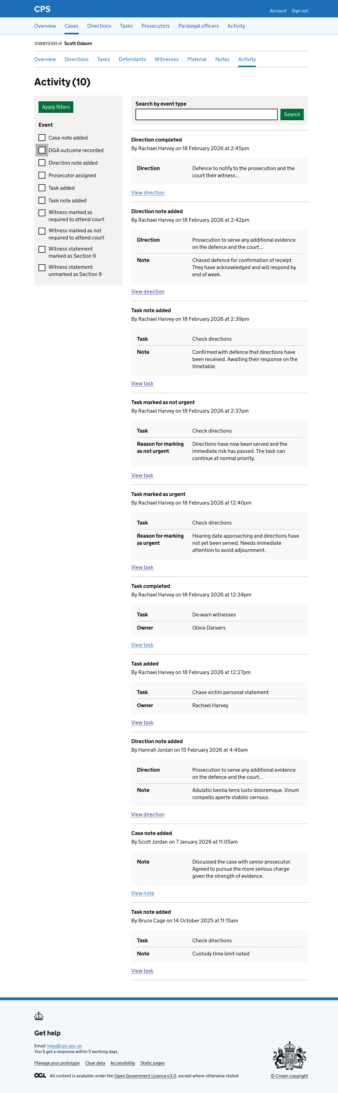 The case activity log showing a "Direction completed" entry by Rachael Harvey, with the direction description and a View direction link.