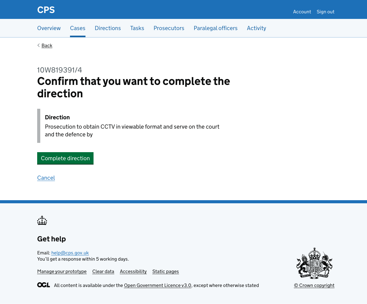The confirmation page showing "Confirm that you want to complete the direction" as the heading, with an inset showing the direction description, a "Complete direction" button, and a Cancel link.