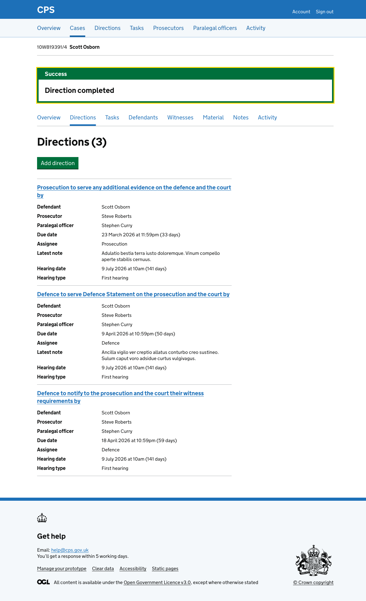 The case direction list with a green success banner saying "Direction completed" at the top.