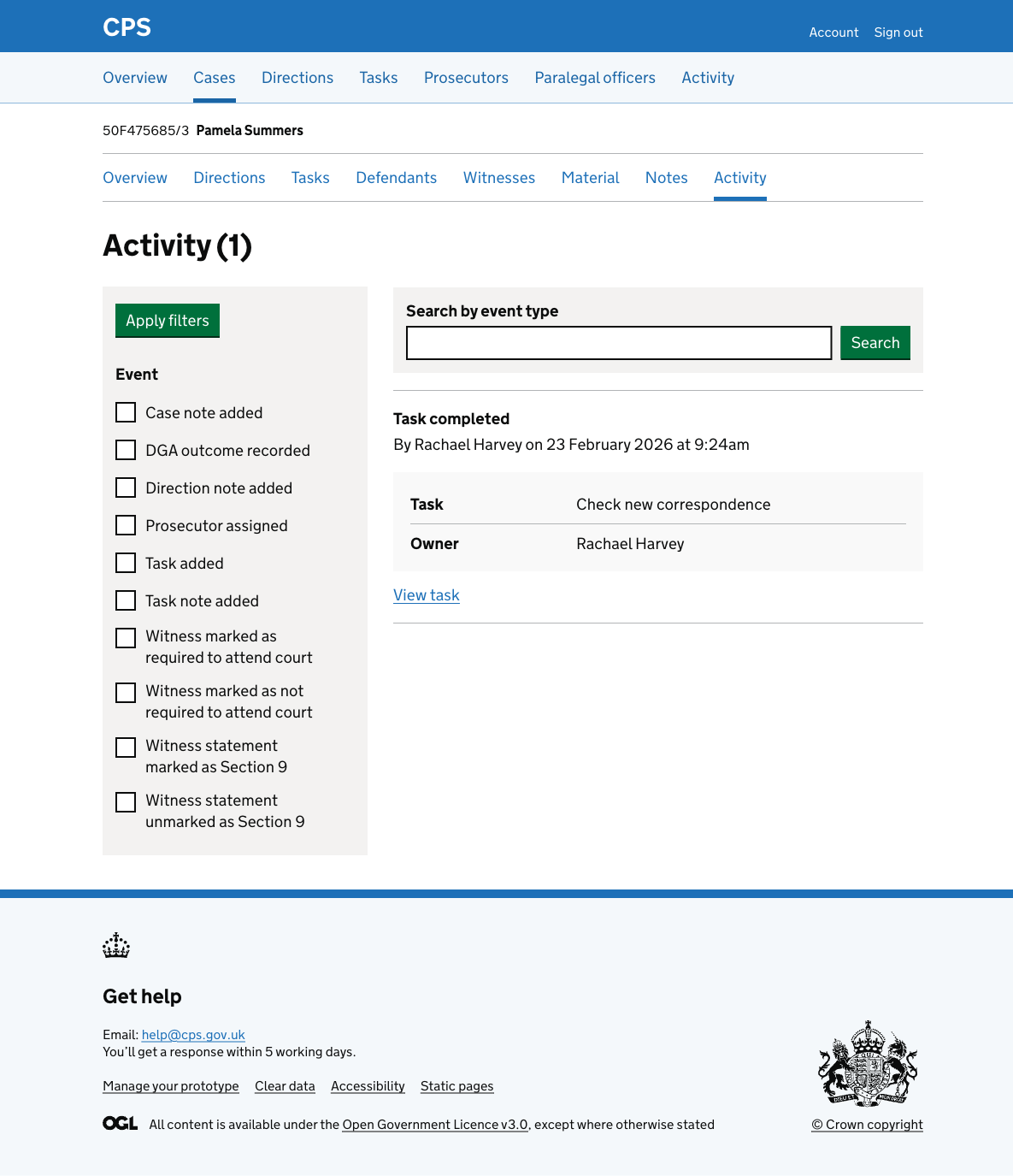 The case activity log showing a "Task completed" entry by Rachael Harvey, with the task name "Chase victim personal statement", the owner, and a View task link.