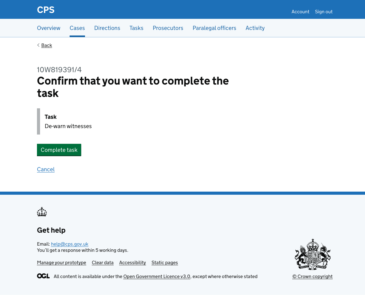 The confirmation page showing "Confirm that you want to complete the task" as the heading, with an inset showing the task name "De-warn witnesses", a "Complete task" button, and a Cancel link.