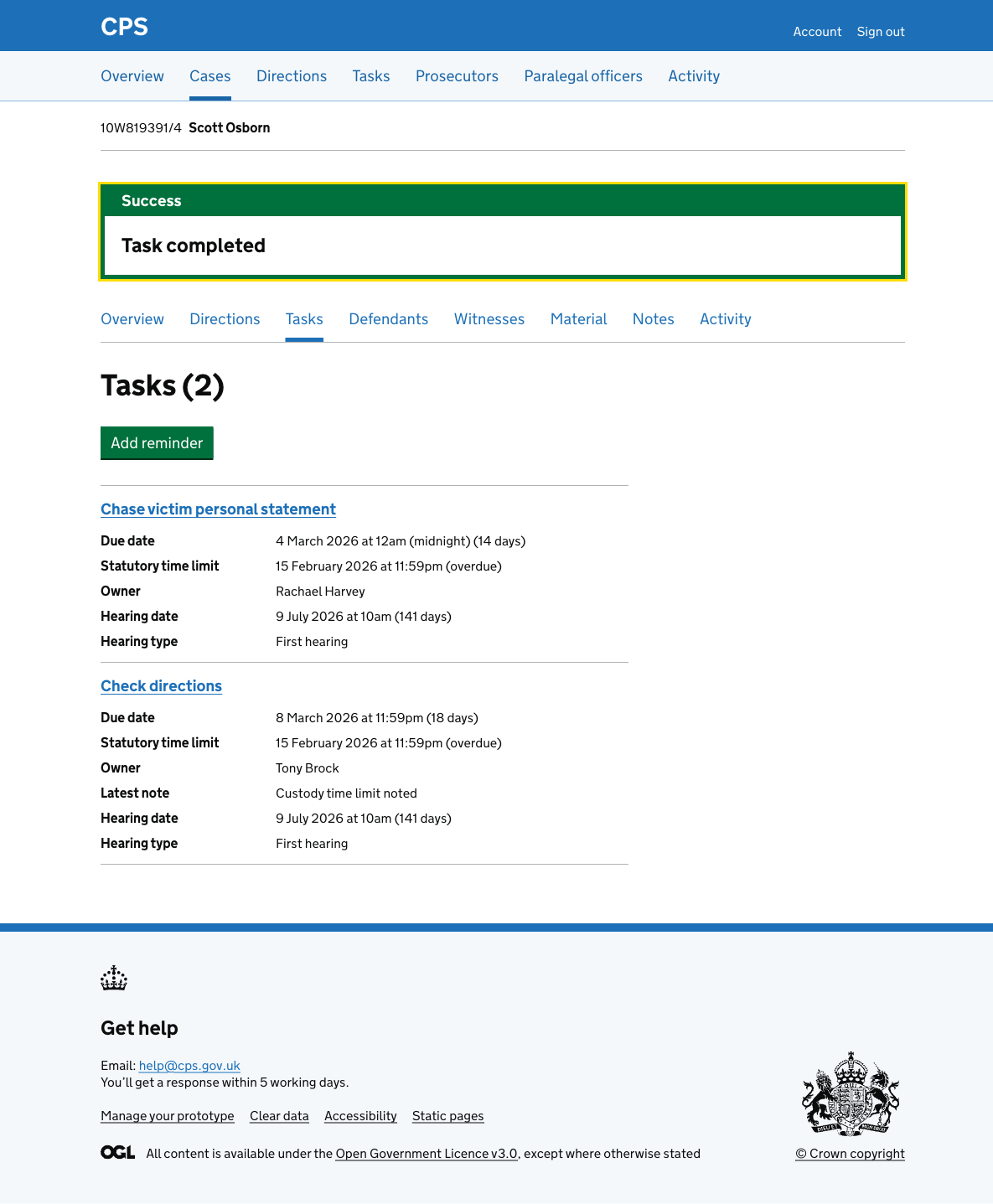 The case task list with a green success banner saying "Task completed" at the top.