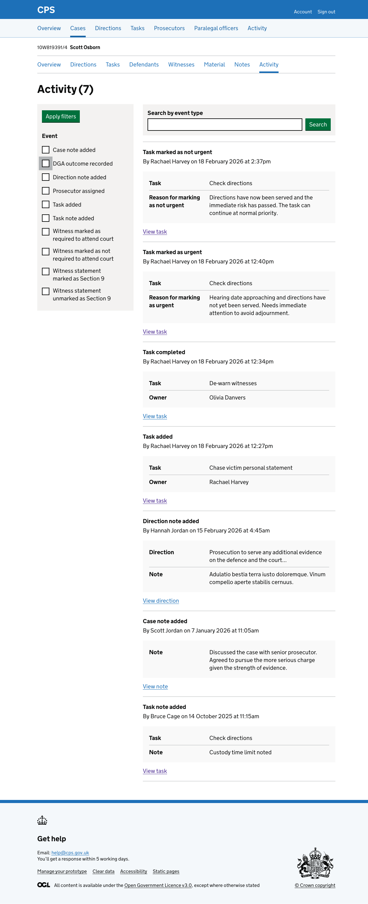 The case activity log showing a "Task marked as not urgent" entry by Rachael Harvey, with task name "Check directions" and the reason for marking as not urgent.