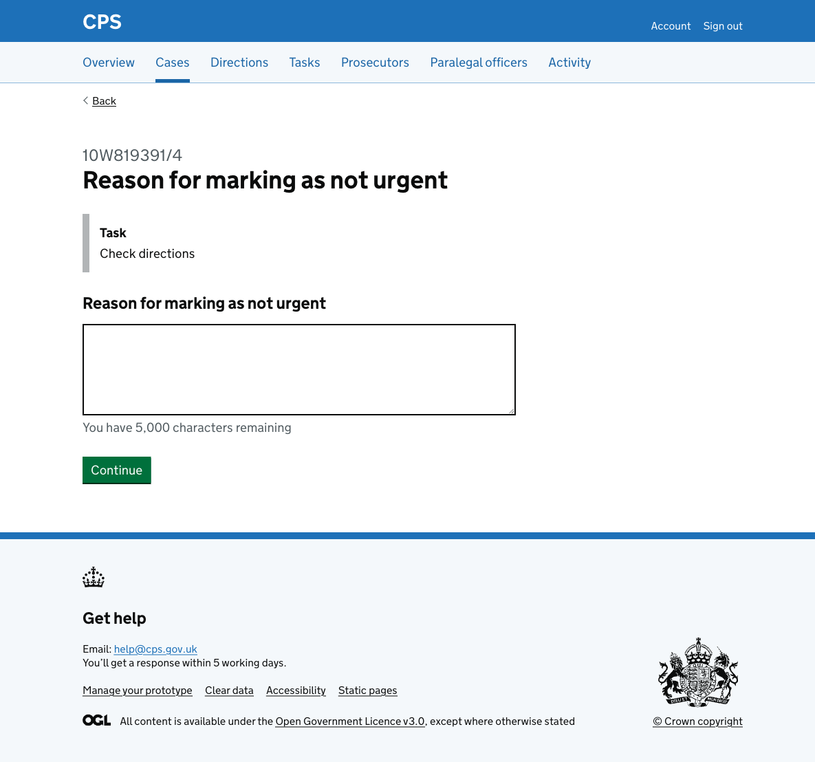 The reason page showing "Reason for marking as not urgent" as the heading, an inset showing the task name "Check directions", a character count text area, and a Continue button.