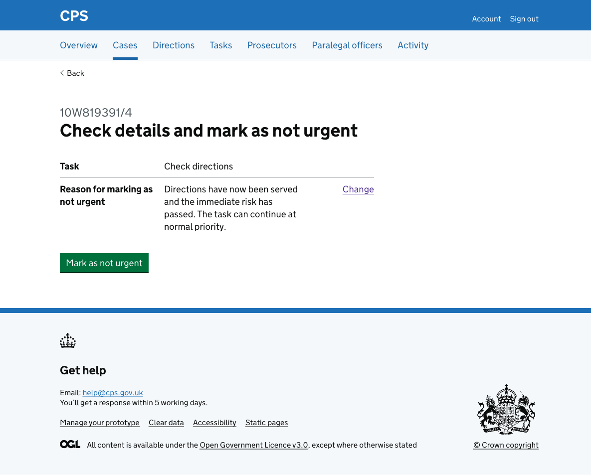 The check answers page showing "Check details and mark as not urgent" as the heading, with task name and reason for marking as not urgent rows, and a "Mark as not urgent" button.