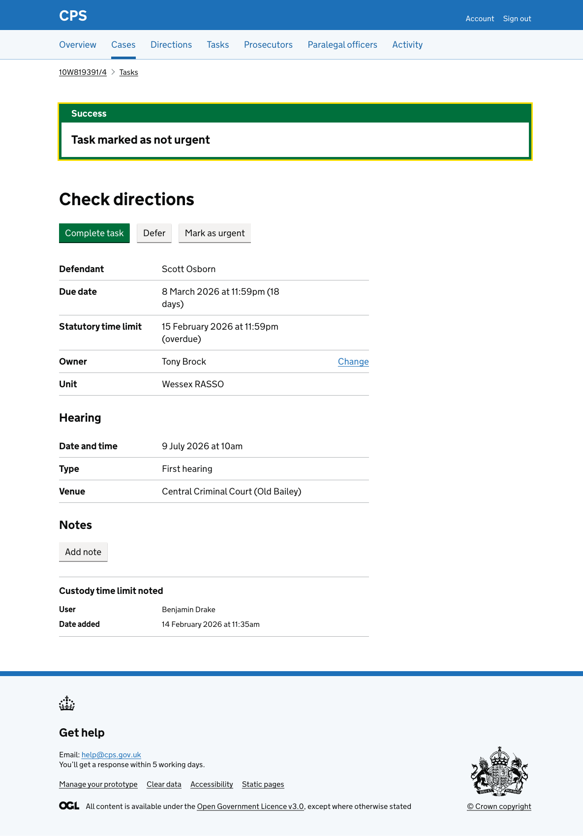 The task details page for "Check directions" with a green success banner saying "Task marked as not urgent" and no Urgent tag next to the heading.