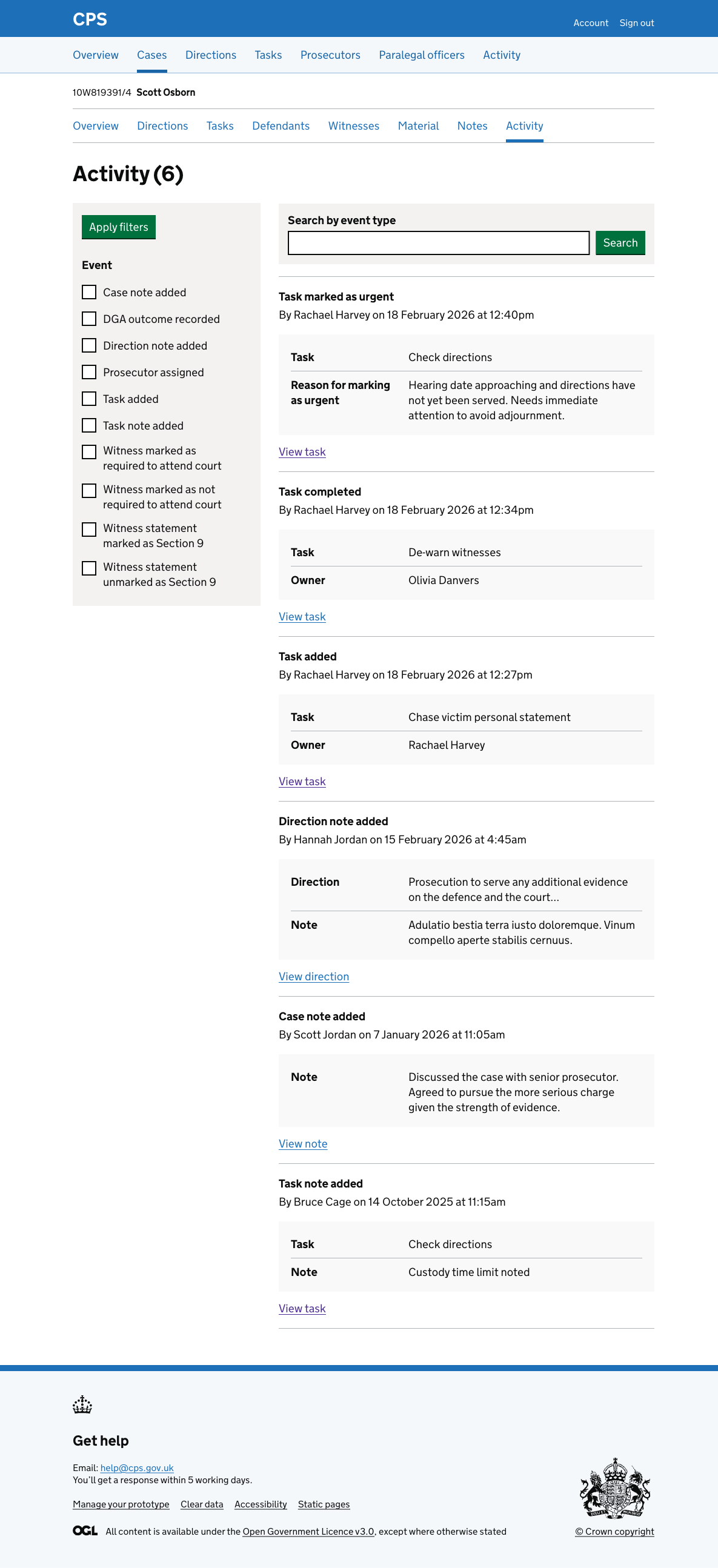 The case activity log showing a "Task marked as urgent" entry by Rachael Harvey, with task name "Check directions" and the reason for marking as urgent.