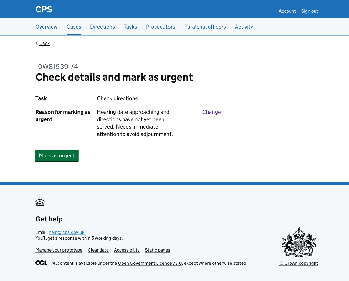 The check answers page showing "Check details and mark as urgent" as the heading, with task name and reason for marking as urgent rows, and a "Mark as urgent" button.