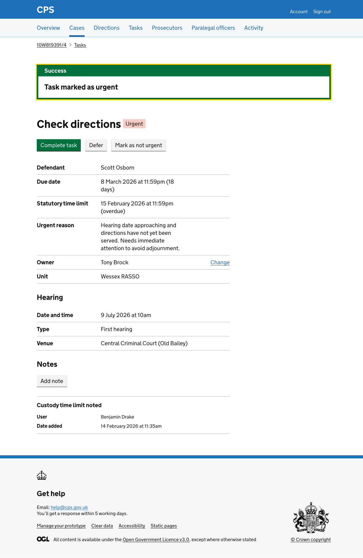 The task details page for "Check directions" with a green success banner saying "Task marked as urgent", an Urgent tag next to the heading, and the urgent reason shown in the details.
