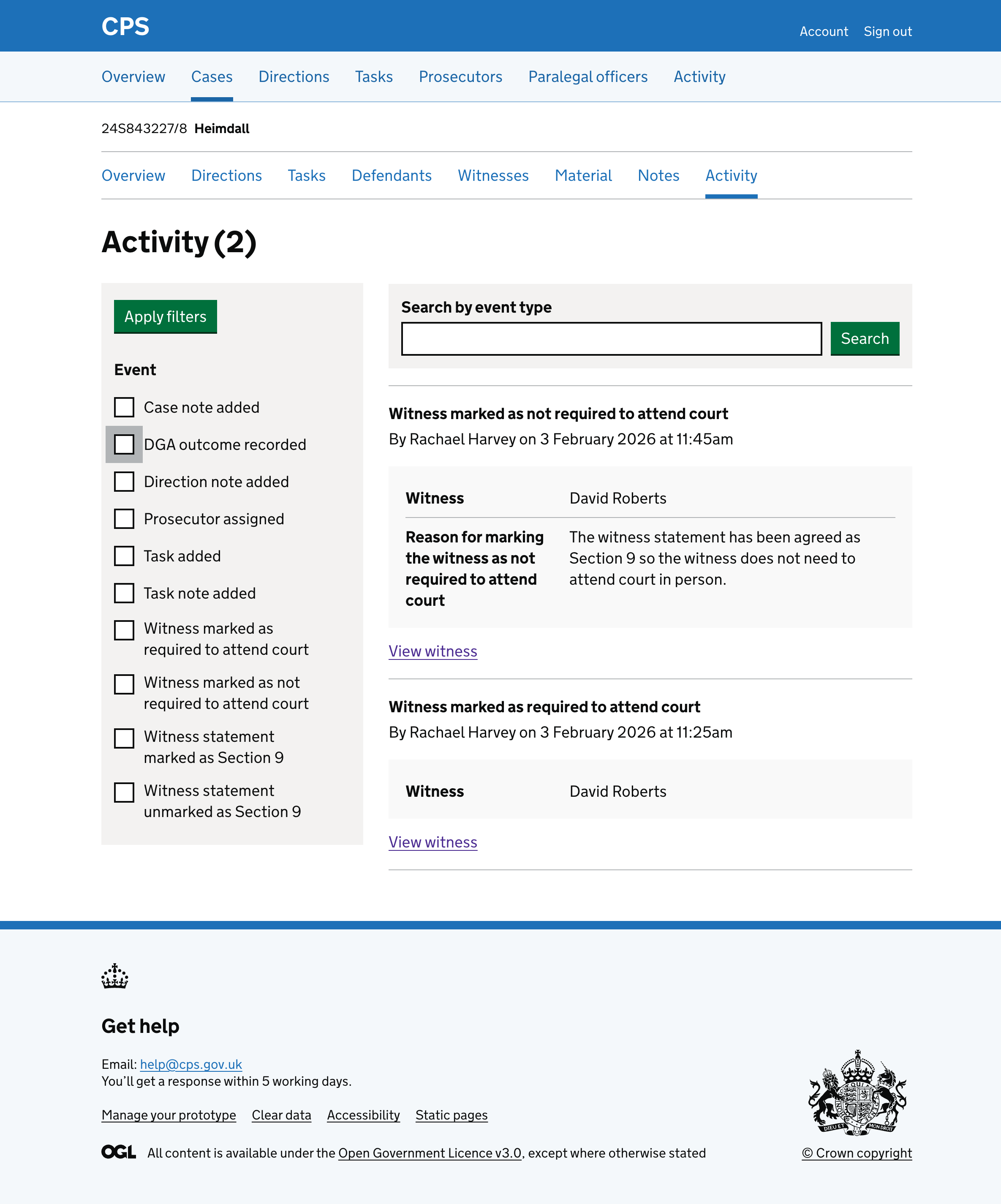 The case activity log showing an entry for "Witness marked as not required to attend court" by Rachael Harvey with the witness name and reason.