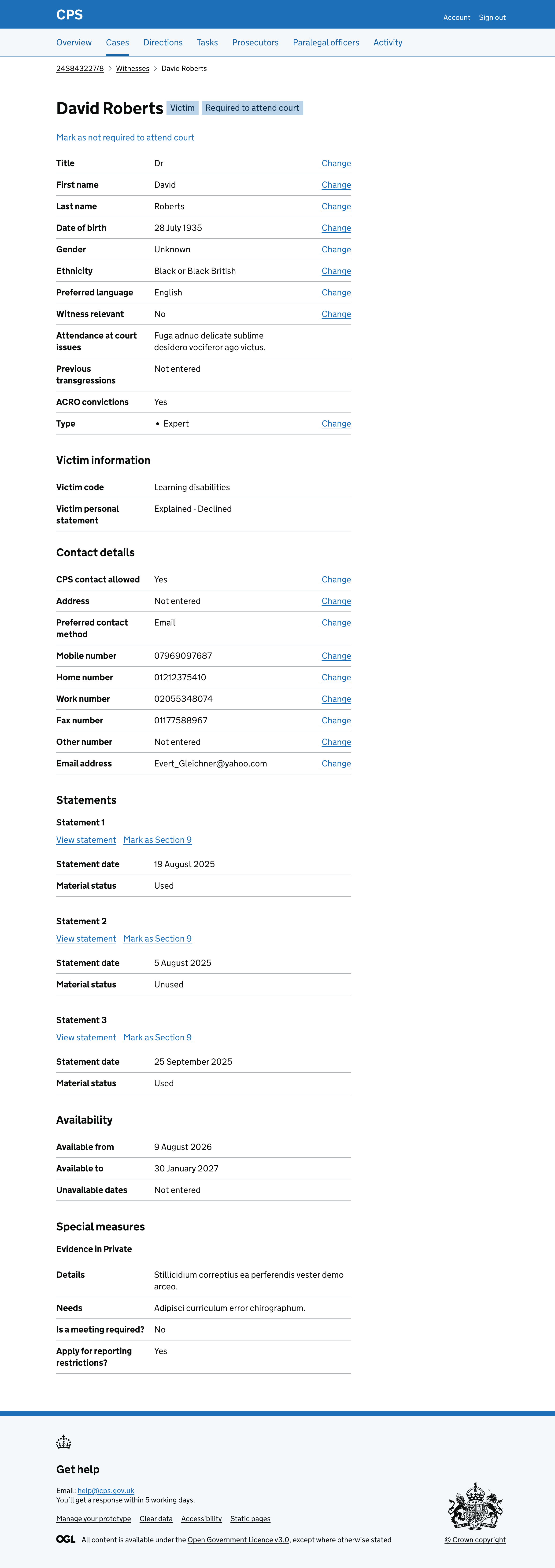 The witness details page for David Roberts showing the "Required to attend court" tag and a "Mark as not required to attend court" link.