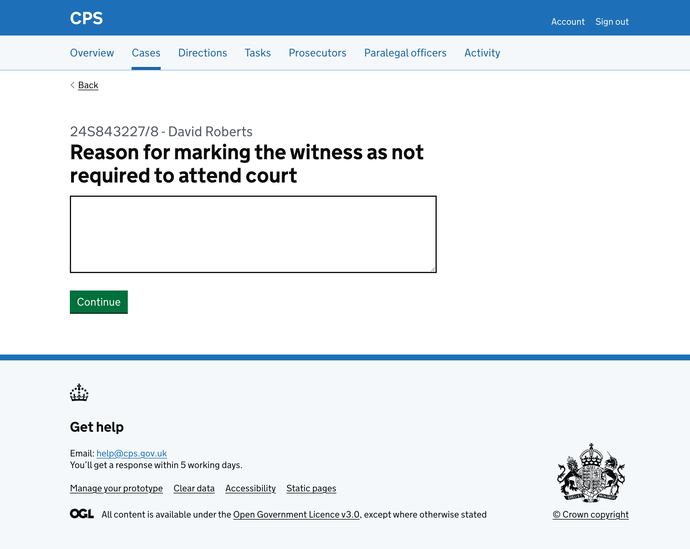 The reason page with a textarea asking for the reason for marking the witness as not required to attend court.