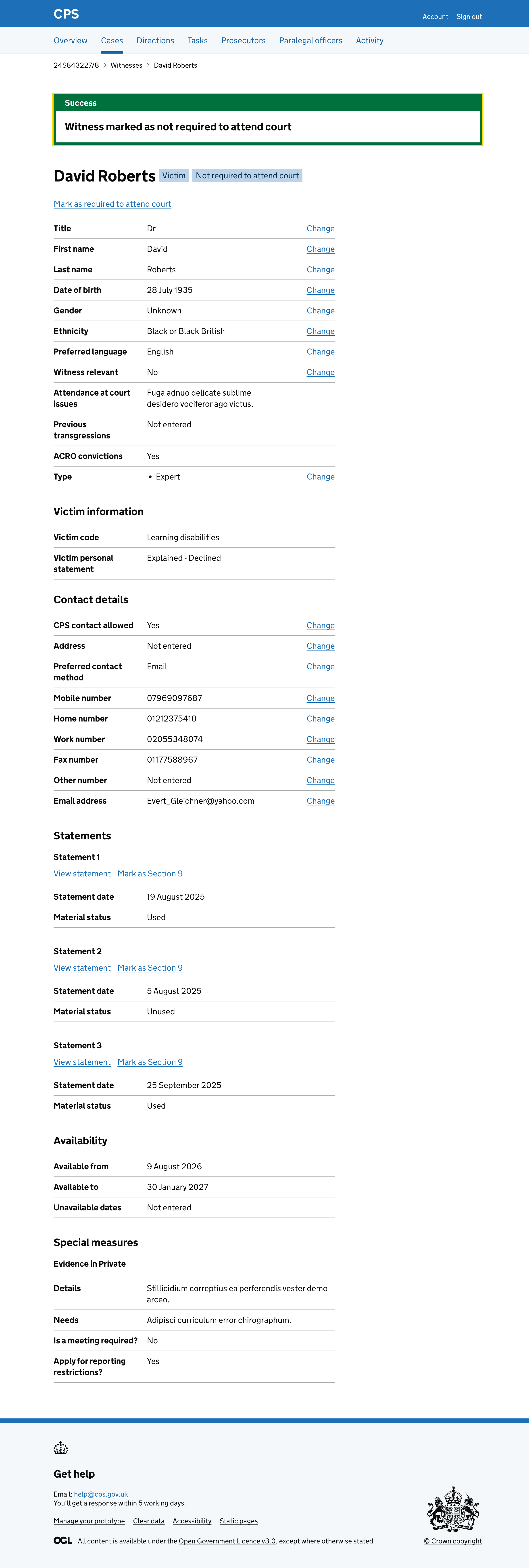 The witness details page showing a green success banner saying "Witness marked as not required to attend court" and the new "Not required to attend court" tag.