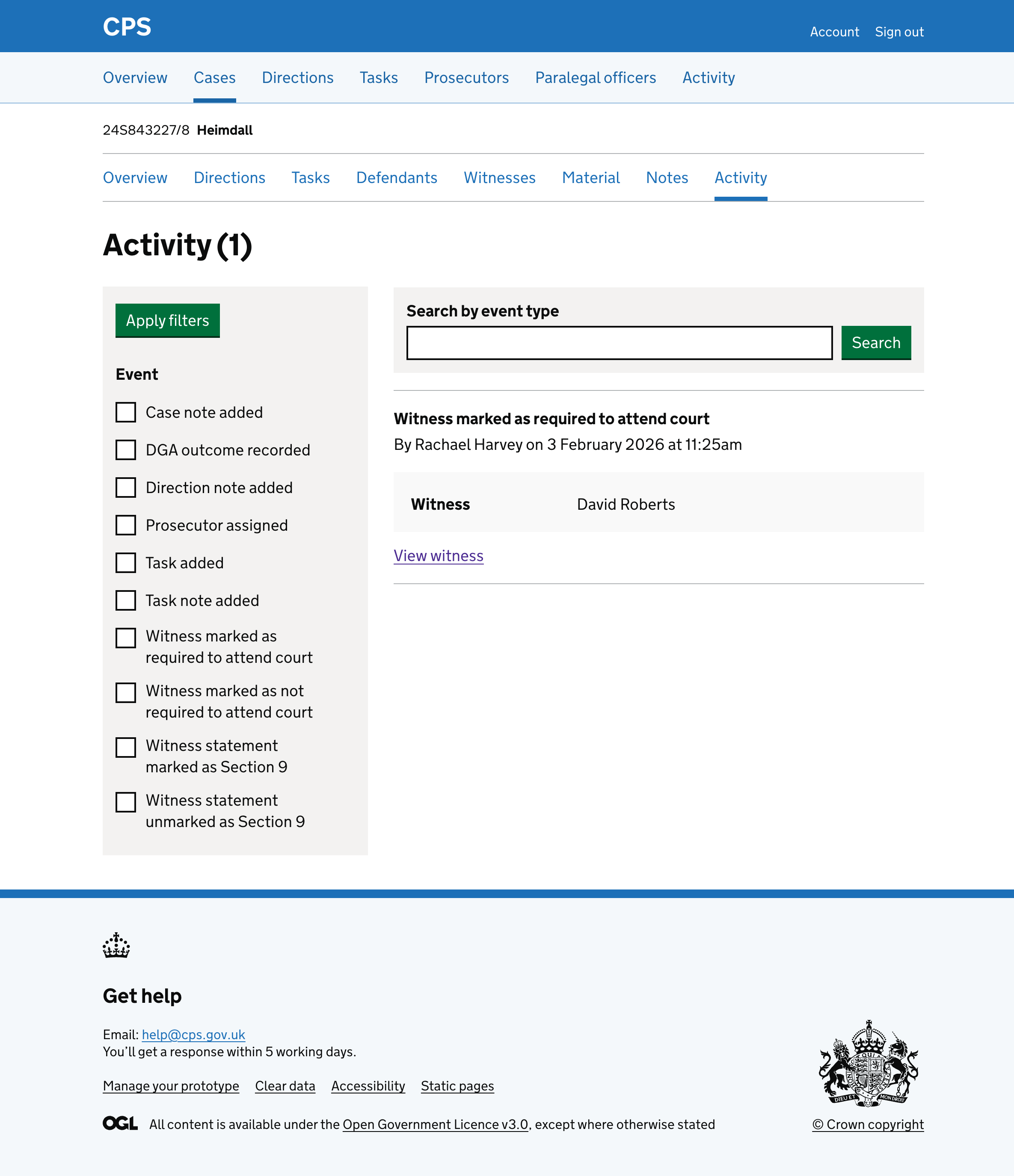 The case activity log showing an entry for "Witness marked as required to attend court" by Rachael Harvey with the witness name David Roberts.