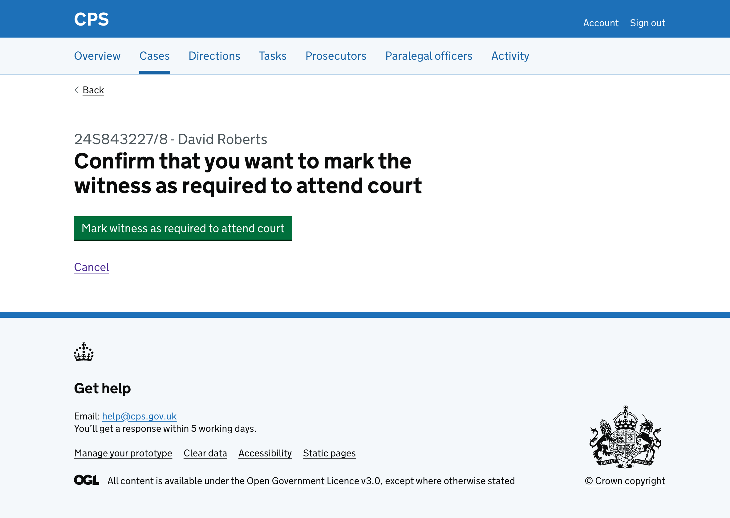 The confirmation page with the heading "Confirm that you want to mark the witness as required to attend court" and a green button to confirm.