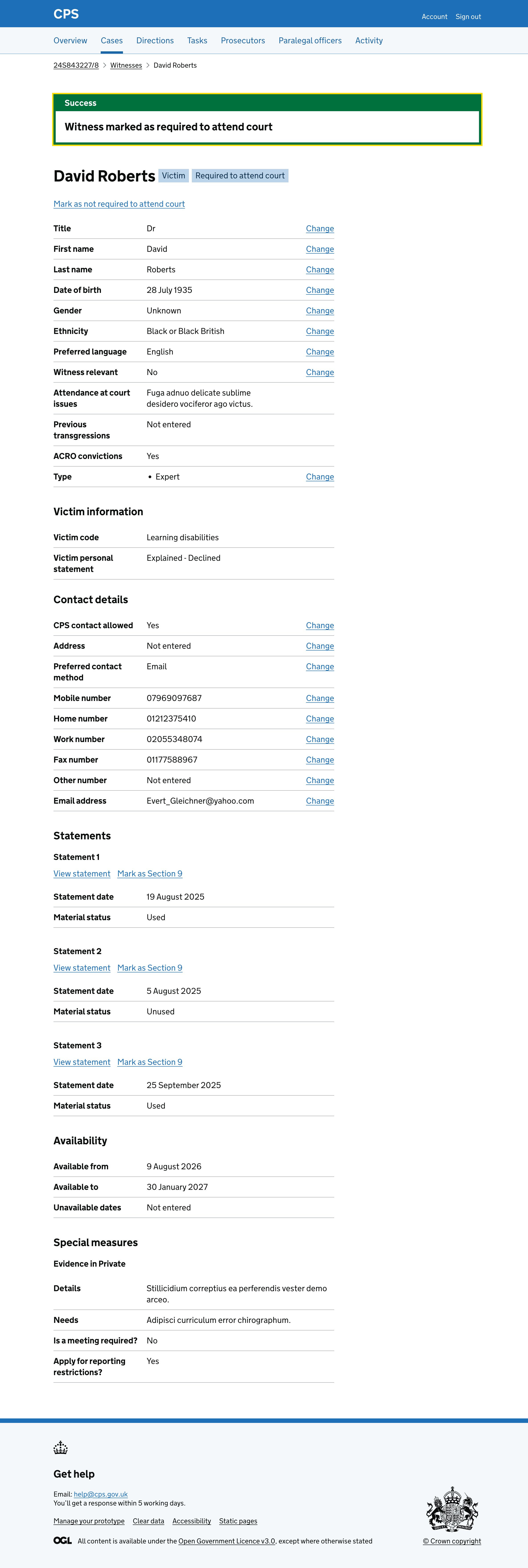 The witness details page showing a green success banner saying "Witness marked as required to attend court" and the new "Required to attend court" tag.