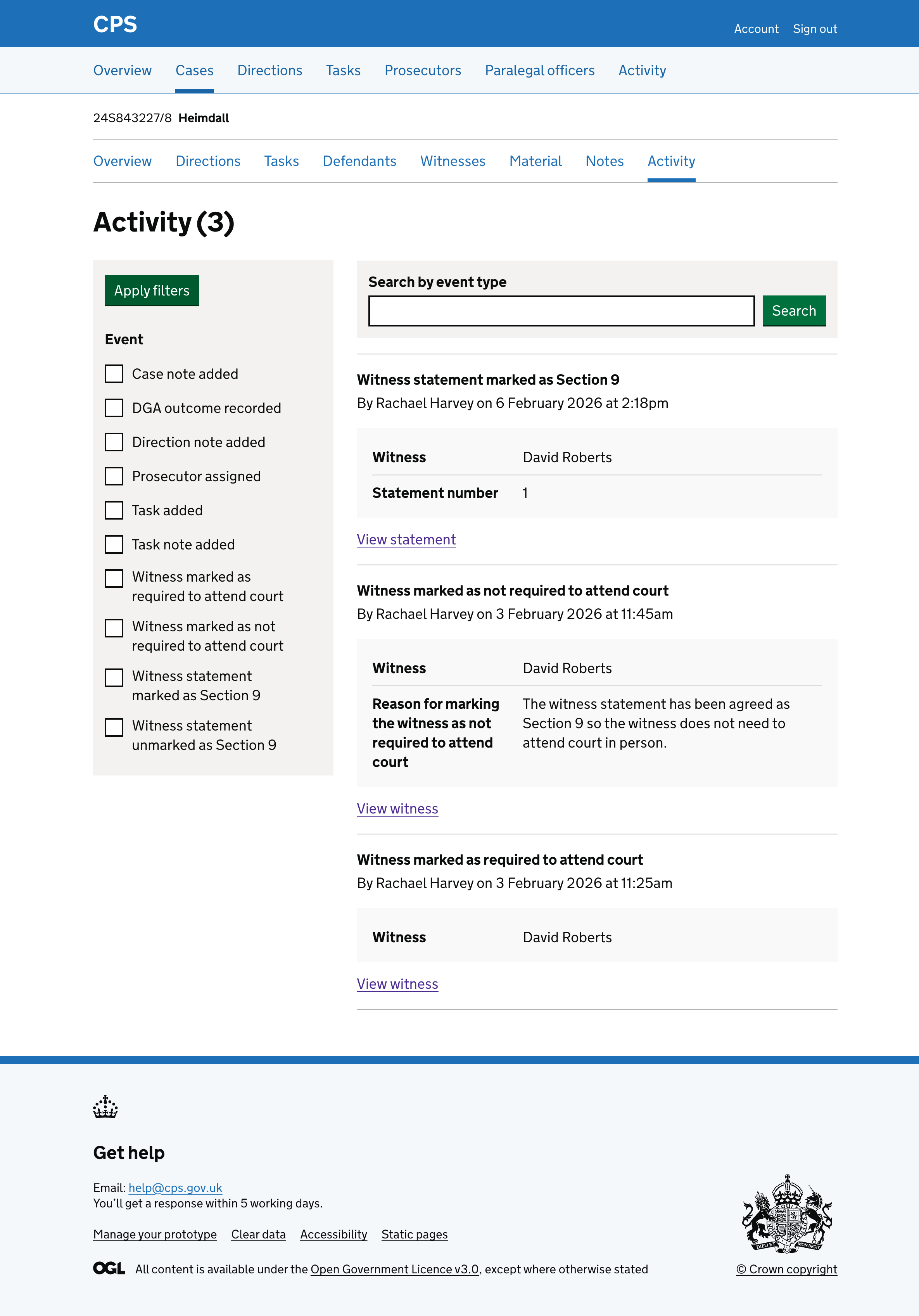 The case activity log showing an entry for "Witness statement marked as Section 9" by Rachael Harvey with the witness name David Roberts and statement number 1.