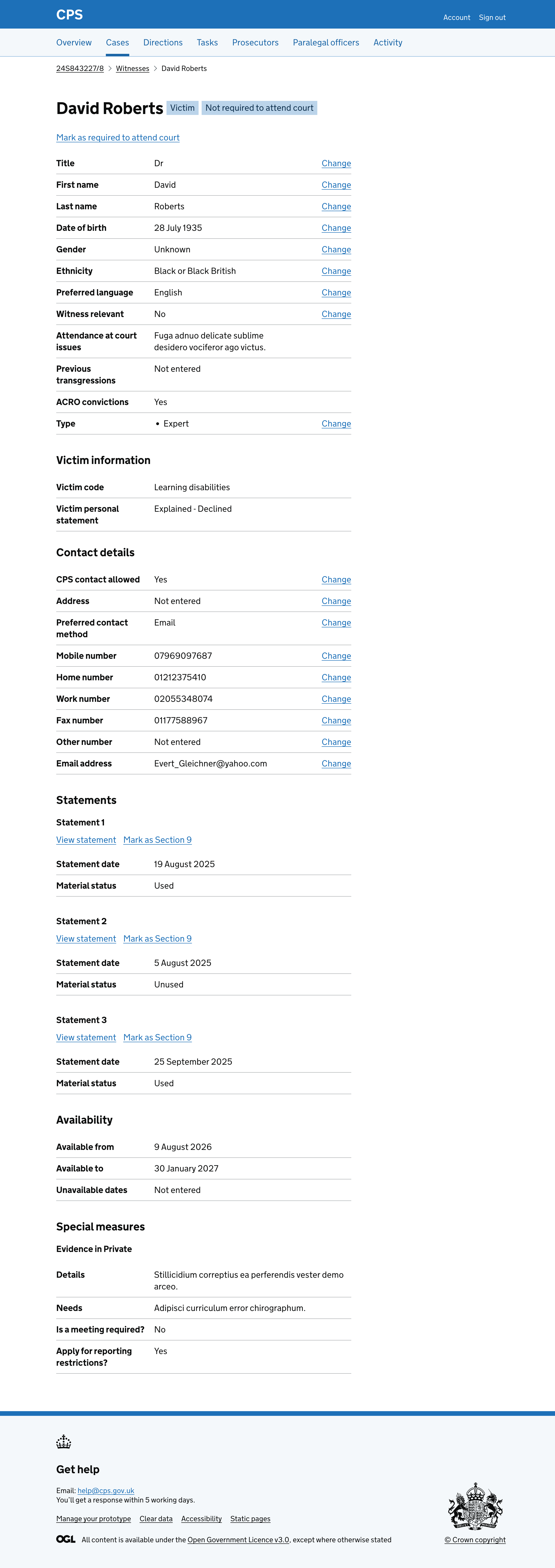 The witness details page for David Roberts showing three statements, each with a "View statement" link and a "Mark as Section 9" link.