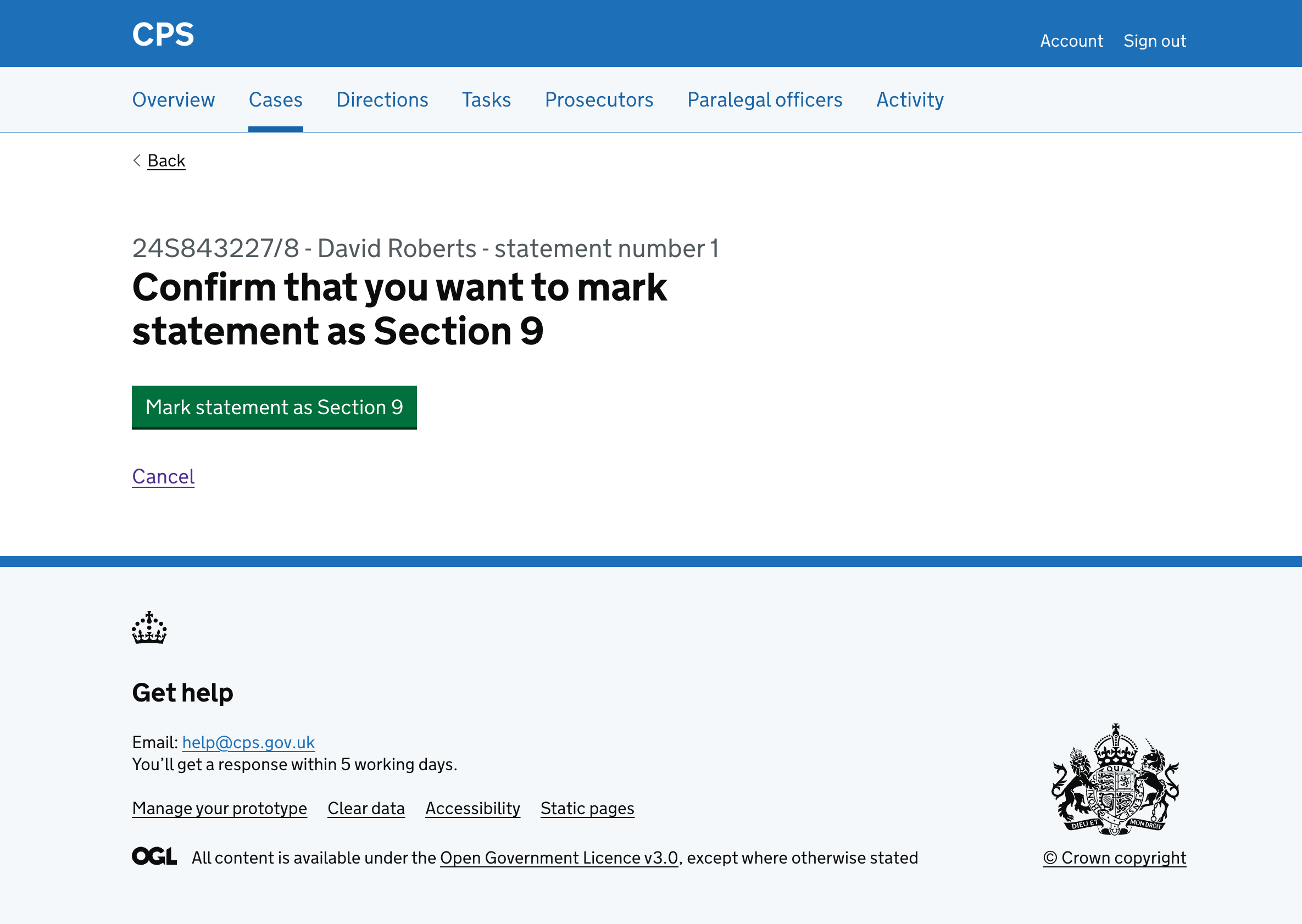 The confirmation page with the heading "Confirm that you want to mark statement as Section 9" and a green button to confirm.