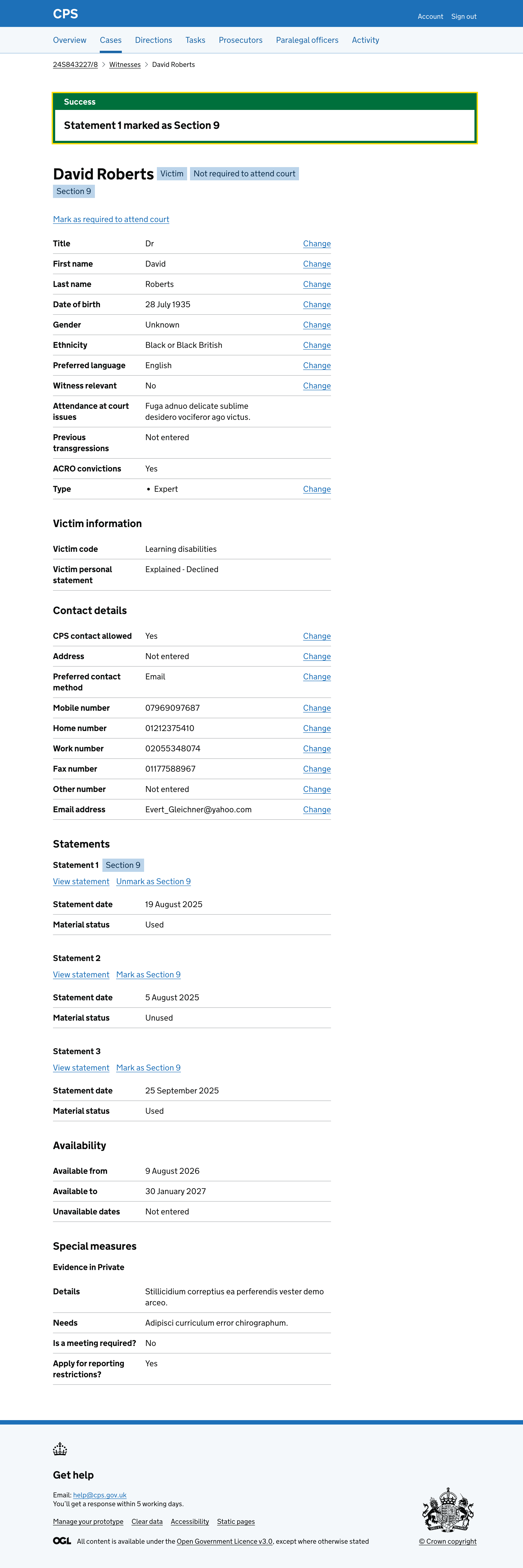 The witness details page showing a green success banner saying "Statement 1 marked as Section 9", a "Section 9" tag next to the witness name, and the statement now showing an "Unmark as Section 9" link.