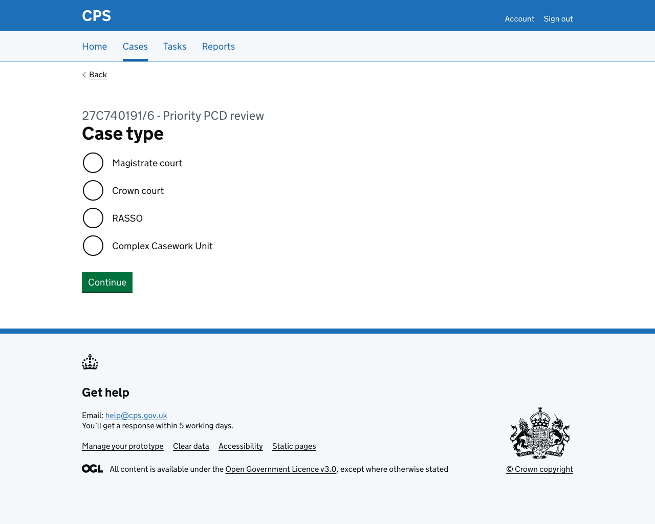 Screenshot of case type selection page